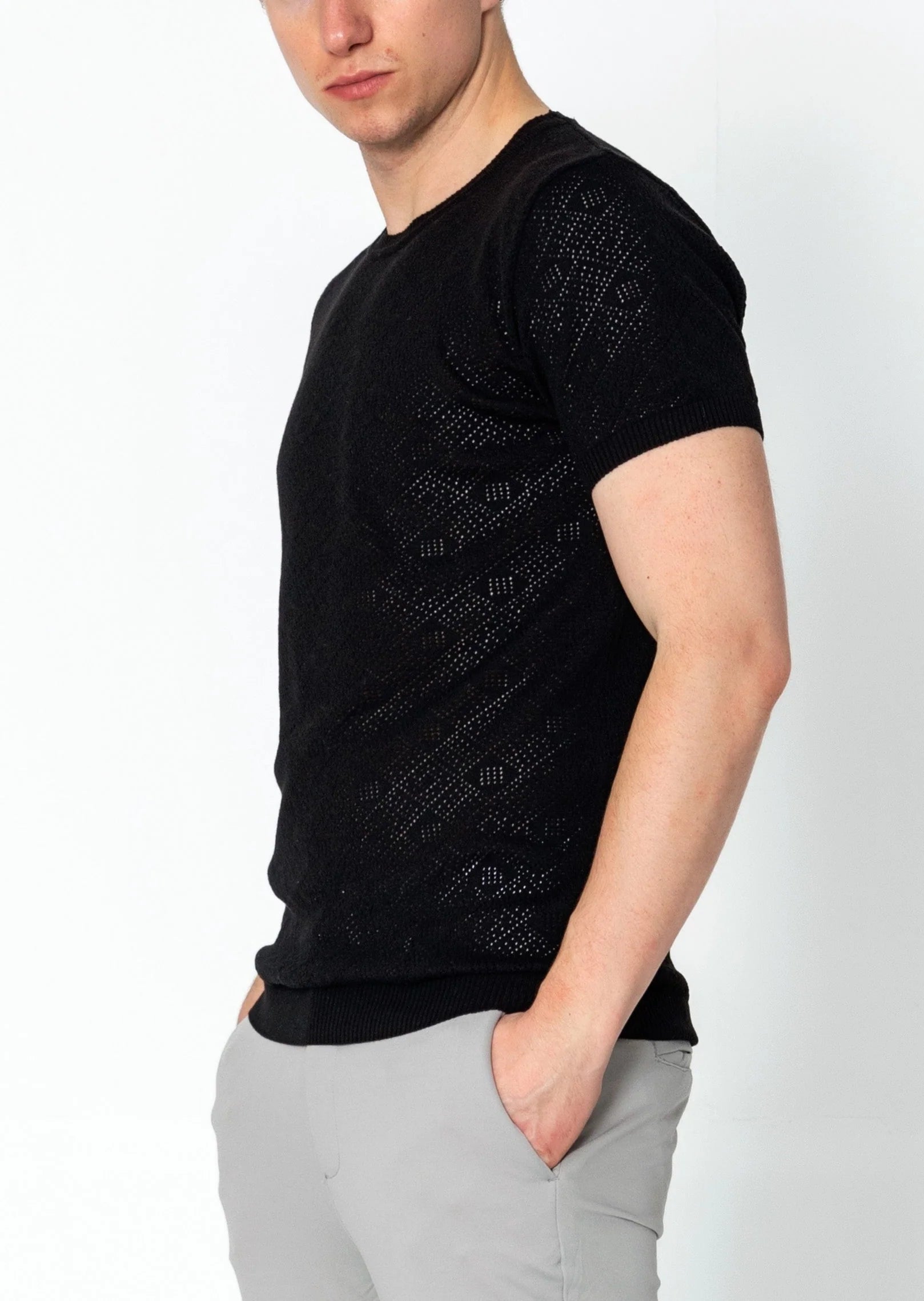 RNT23 Geometric Crochet T-Shirt for Women - Stylish Black Cotton Top for Casual Wear, Summer Outfits & Boho Fashion