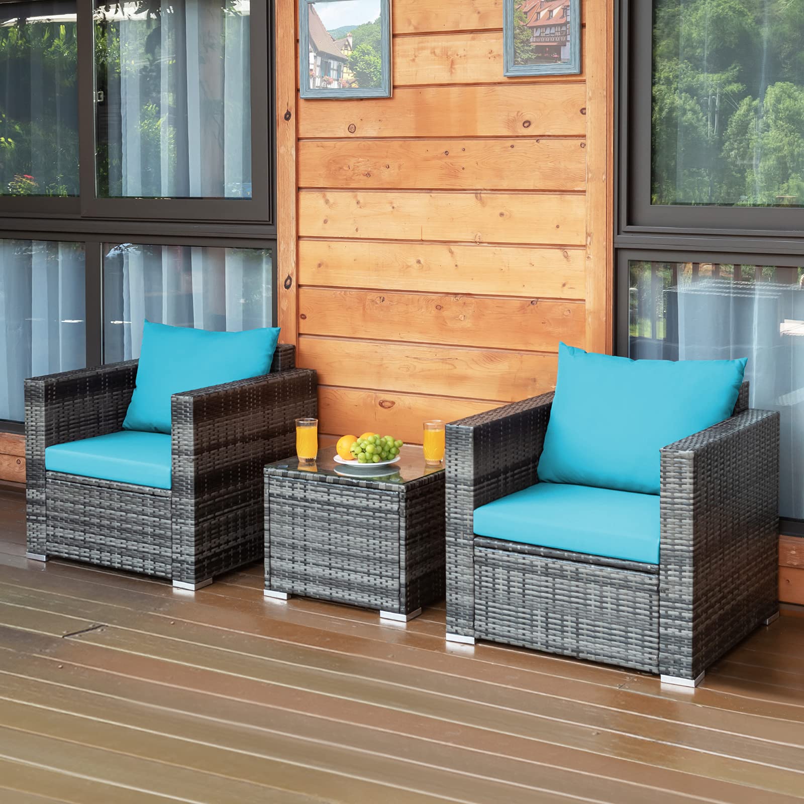 Tangkula 3-Piece PE Rattan Patio Furniture Set with Washable Cushions & Tempered Glass Table - Outdoor Wicker Sofa Conversation Set for Garden, Poolside, Backyard, Deck or Balcony Relaxation