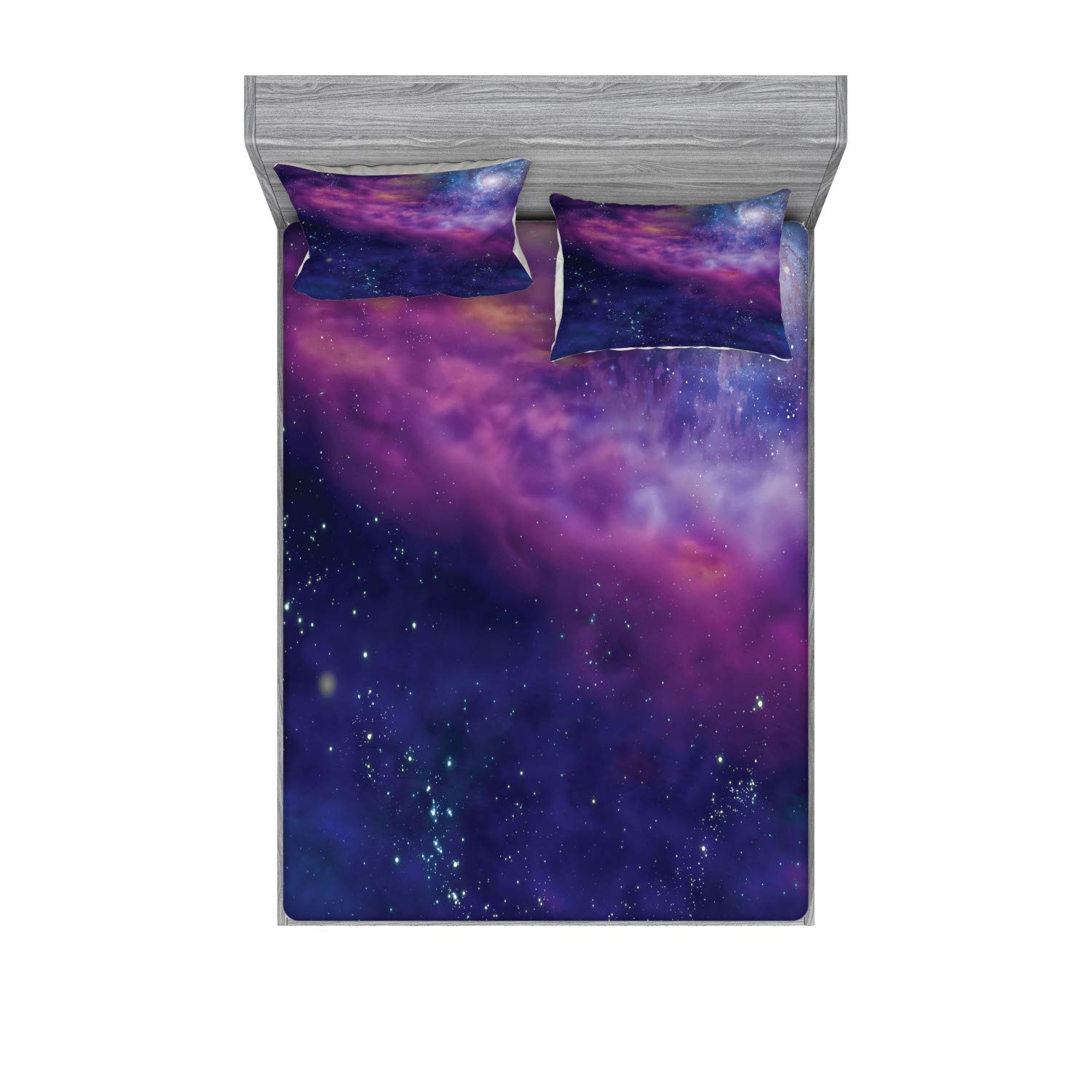 Ambesonne Outer Space Fitted Sheet & Pillow Sham Set - Galaxy Starry Night Milky Way Print 3-Piece Queen Bedding Set in Purple & Blue | Solar System Themed Decor for Kids Room, Teen Bedroom & Astronomy Lovers