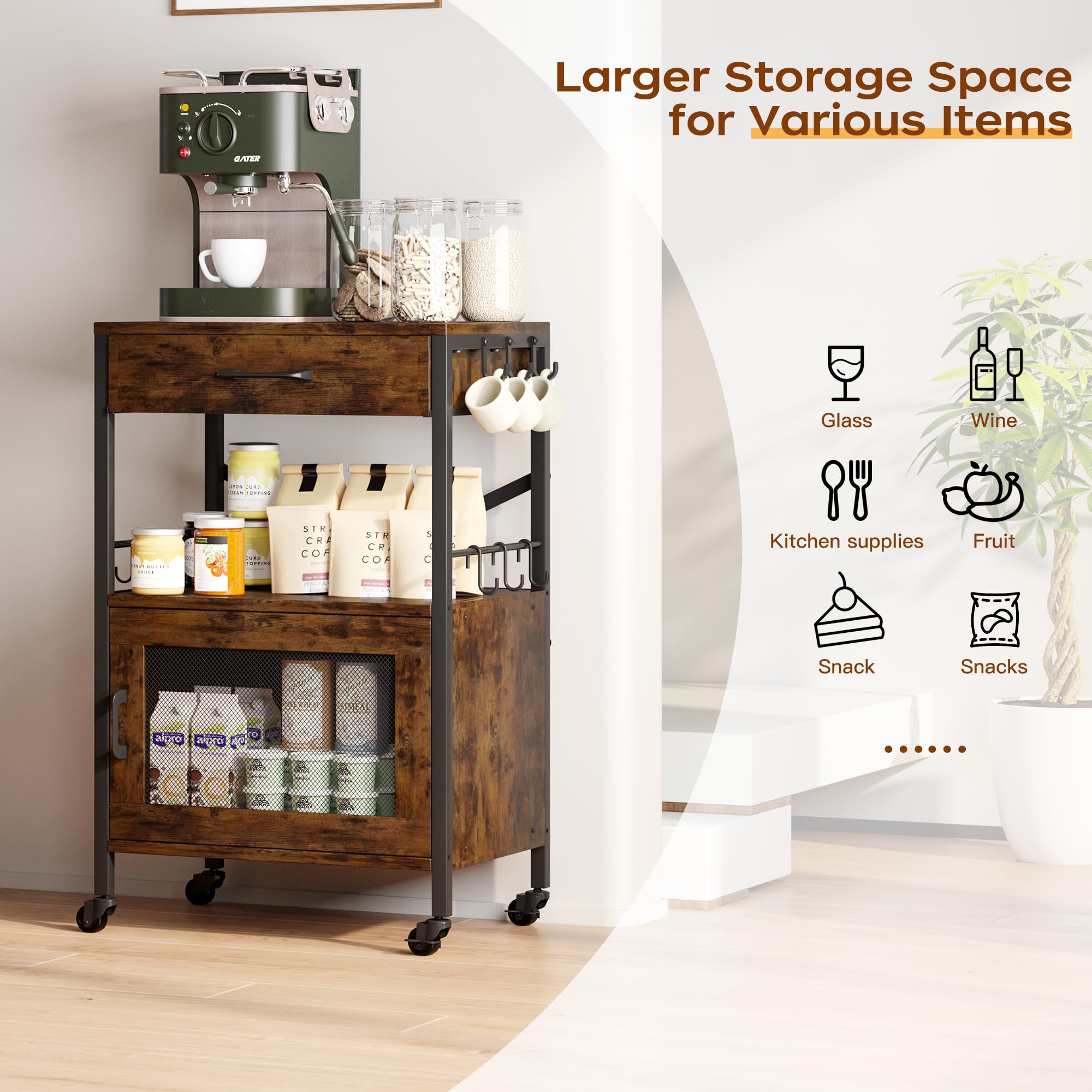 Homeiju Kitchen Island Cart with Drawer - Mobile Storage Cabinet with Wheels, Microwave Stand & Coffee Station - Perfect for Small Kitchens, Dining Rooms & Apartment Living