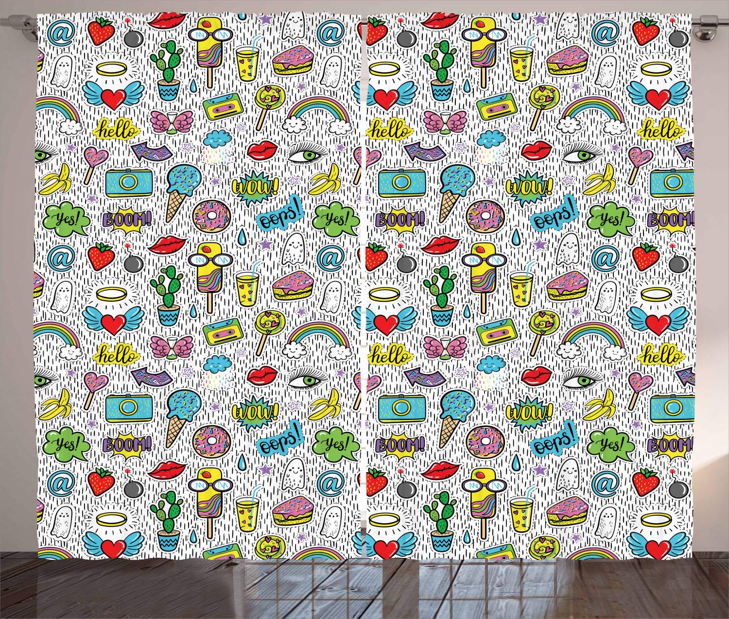 Ambesonne Emoticon Curtains - Pop Art Hand Drawn Cartoon Designs with Eye, Ice Cream, Rainbow, Donut, Lip, Heart, Banana & Ghost Patterns - 2 Panel Window Drapes for Living Room & Bedroom - 108