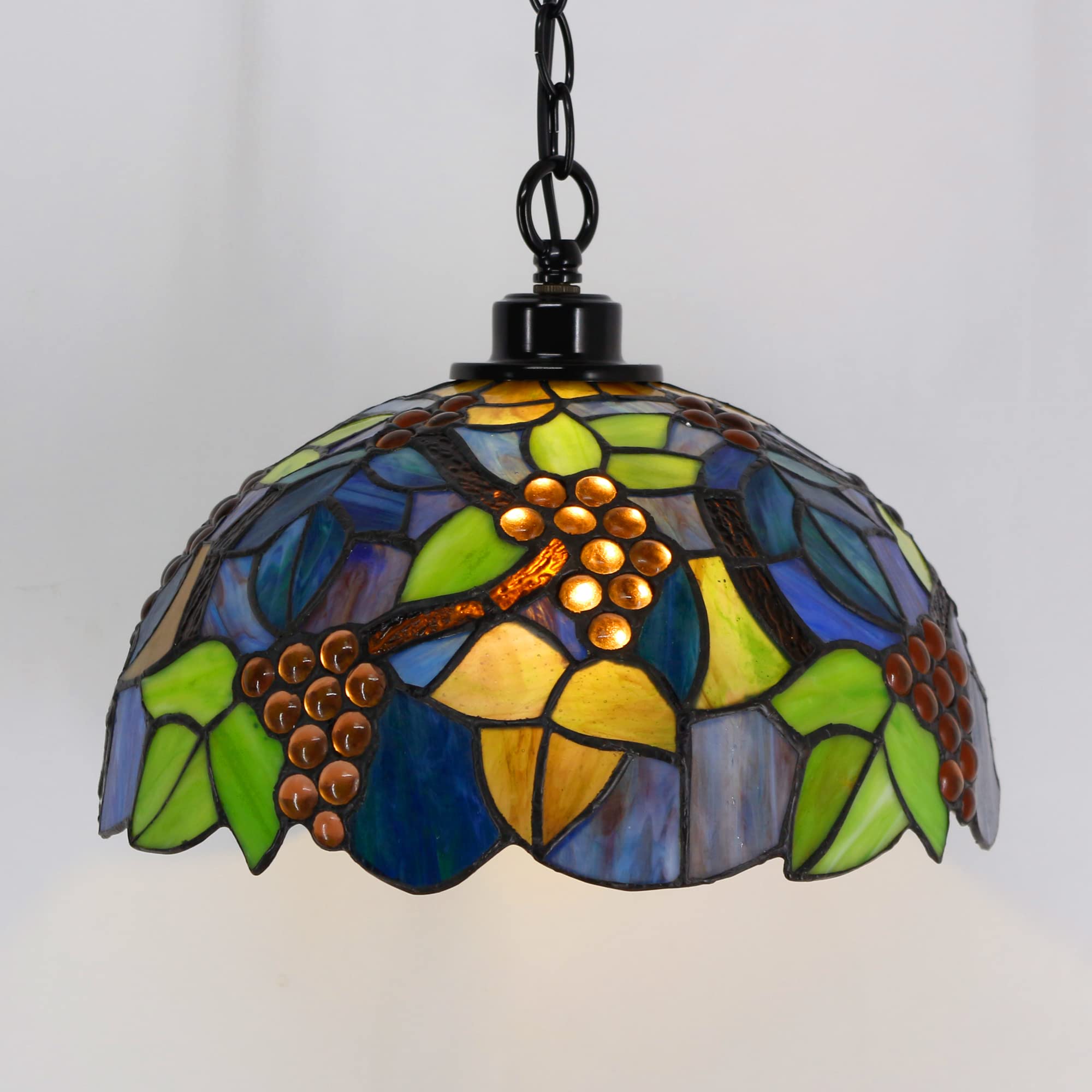 Tiffany Style Plug-in Stained Glass Swag Pendant Light - 12x12x18 Inches Hanging Lamp in Purple Grape Design | Perfect for Dining Room, Living Room, Bedroom & Kitchen Decor