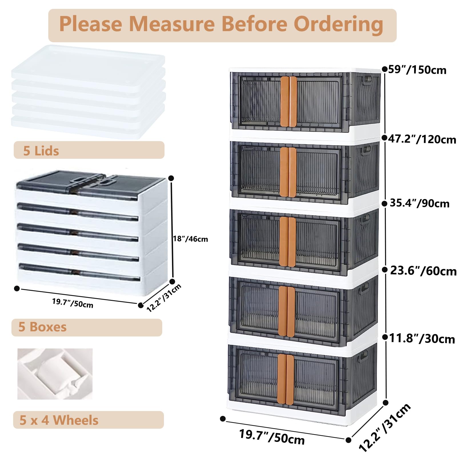 235Qt Plastic Storage Bins (5-Pack x 47QT) - Foldable, Stackable & Wheeled Organizer Bins with Front Opening | Perfect for Closet Organization, Home Storage & Garage Shelving
