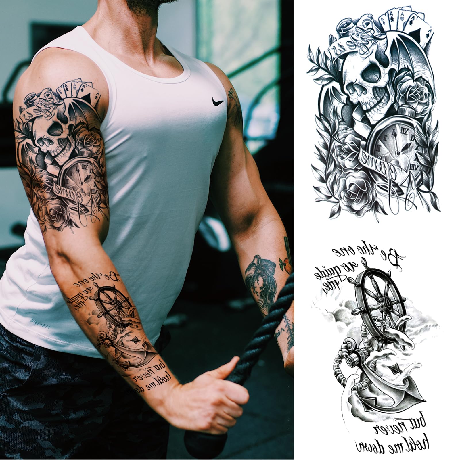 Realistic Pirate Temporary Tattoos for Adults - Large Half Sleeve Black Skull Anchor Sailboat Fake Tattoo Stickers for Men & Women, Tribal Skeleton Body Art Makeup (8 Sheets) - Perfect for Halloween Costumes, Cosplay, Themed Parties and Tattoo Lovers