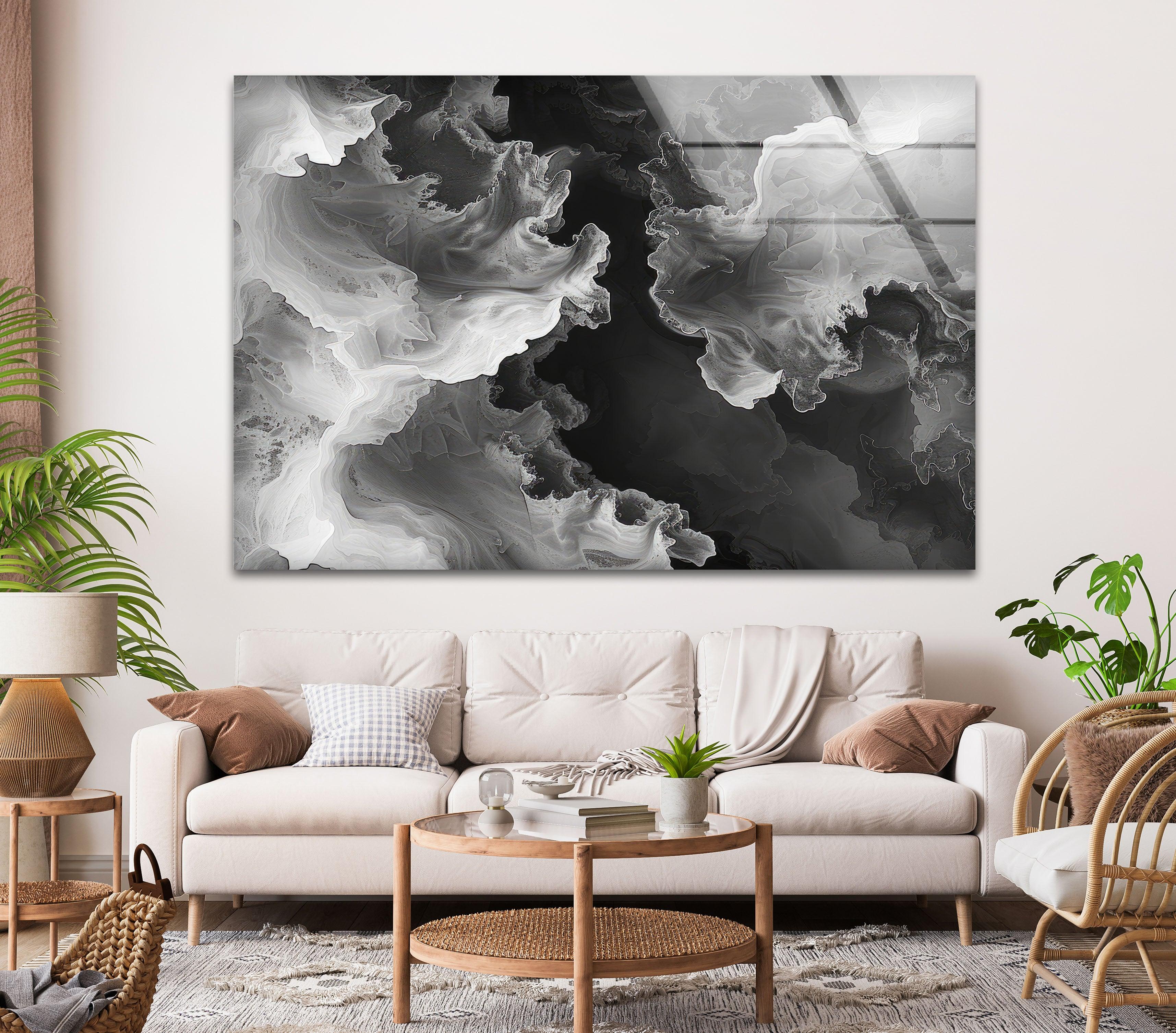 Modern Black & White Abstract Wave Glass Wall Art - Handmade Contemporary Home Decor for Living Room, Bedroom & Office