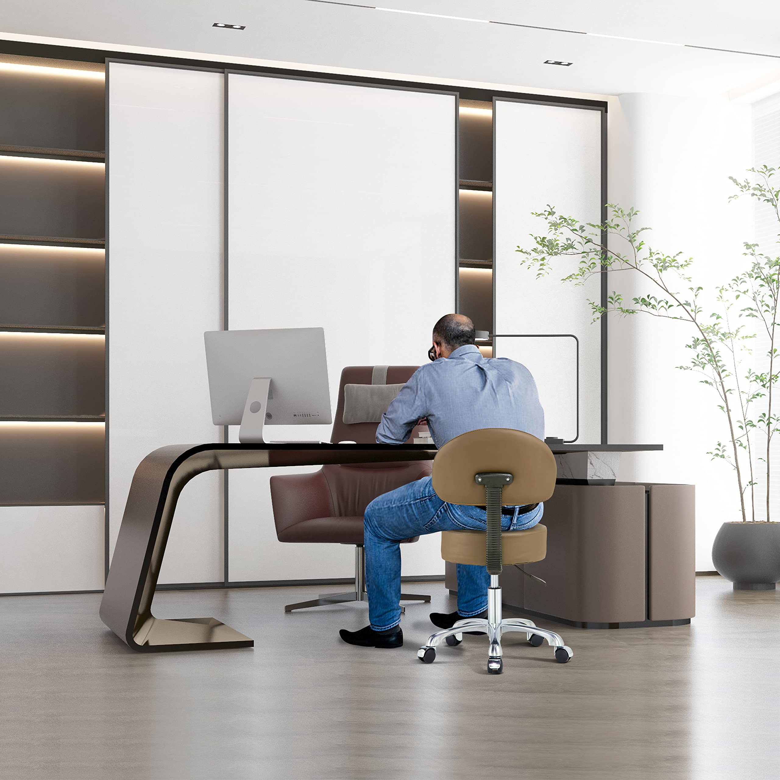Adjustable Swivel Rolling Stool with Back - Thick Padded Round Chair on Wheels for Doctor, Massage Salon, Office & Home Use - Comfortable & Sturdy (Brown) - Perfect for Medical Clinics, Beauty Salons & Workspaces