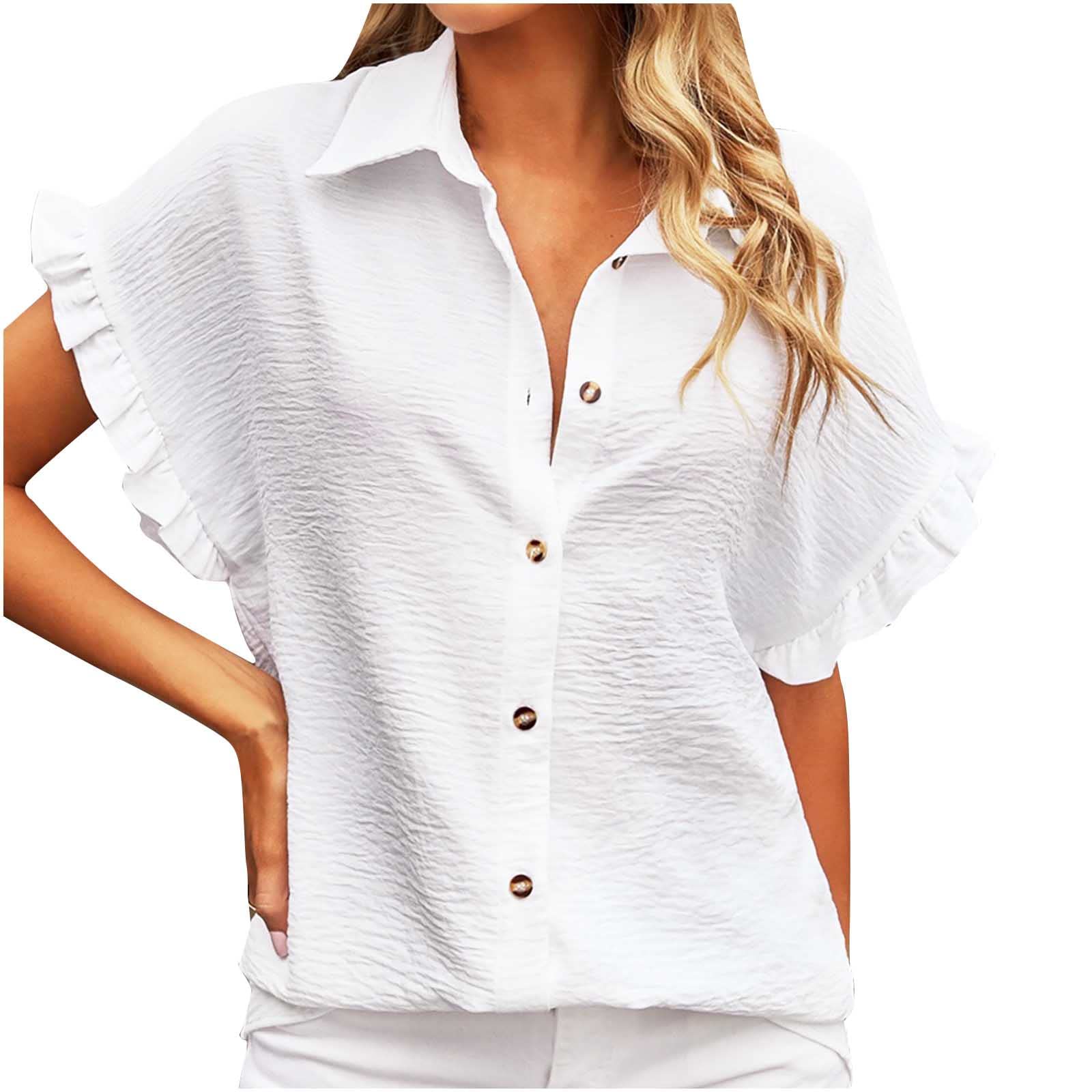Trendy Women's Linen Button Down Short Sleeve Blouse with Ruffle V-Neck - Breathable Summer Casual Tops for Work, Dating & Vacation