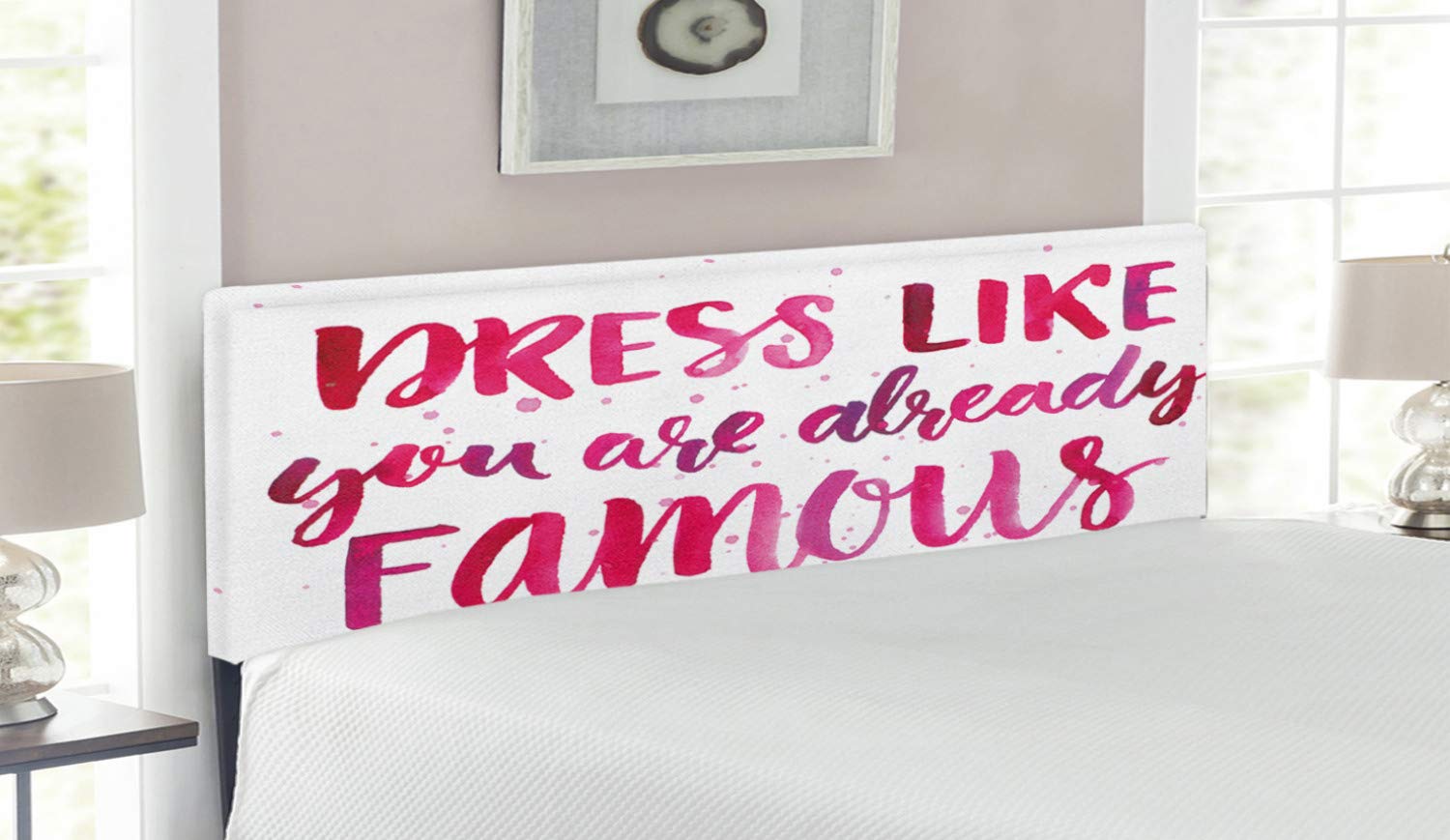 Ambesonne Inspirational Upholstered Headboard - Queen Size Fashion-Themed Watercolor Design with Memory Foam | Pink Fuchsia Decorative Metal Bed Frame for Master Bedroom & Guest Room Decor