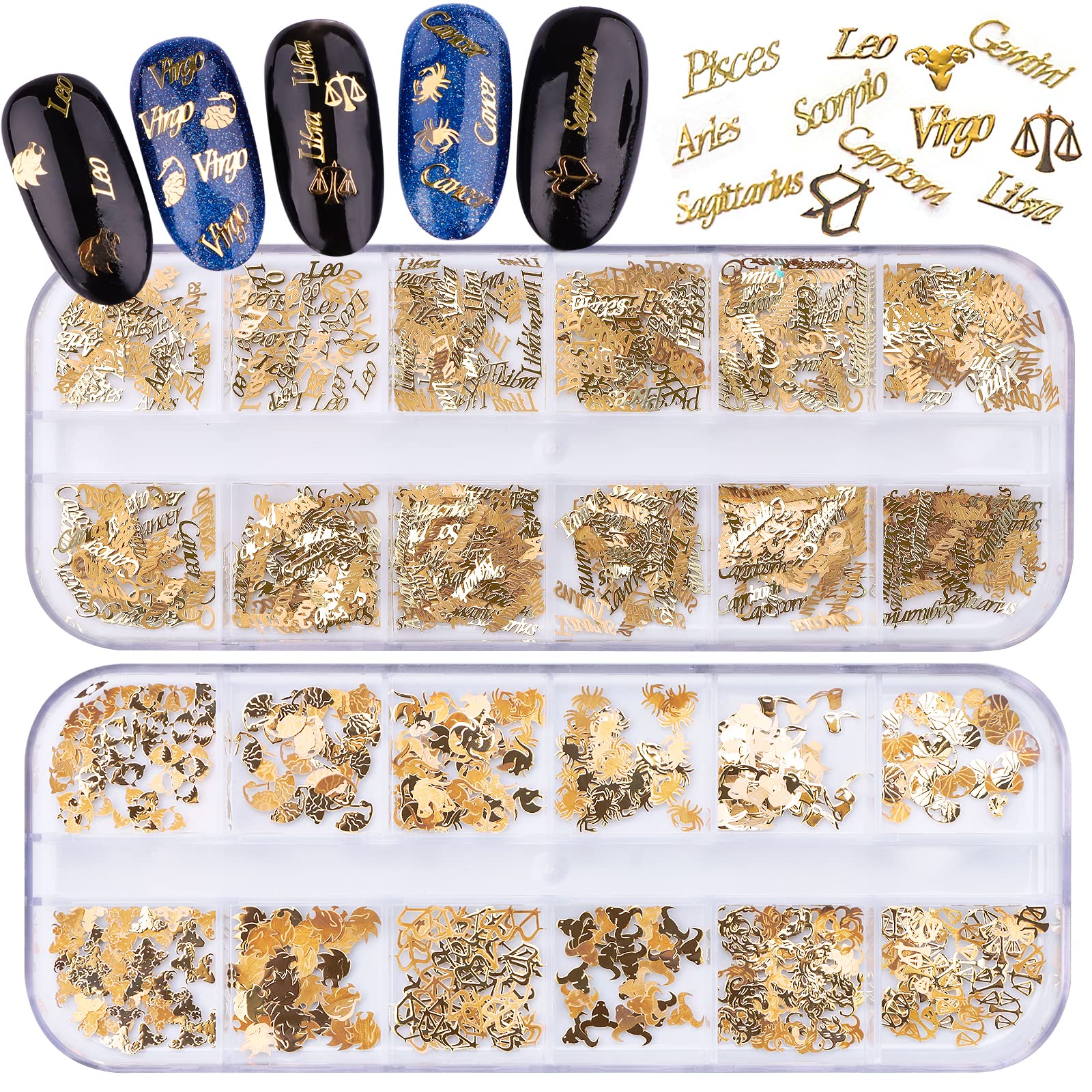 EBANKU 2 Pack Zodiac Nail Charms - 3D Gold 12 Constellation Nail Art Charms, Aquarius Alloy Nail Sequins for Nail Decoration - Perfect for DIY Nail Art, Salon Designs & Gift Giving