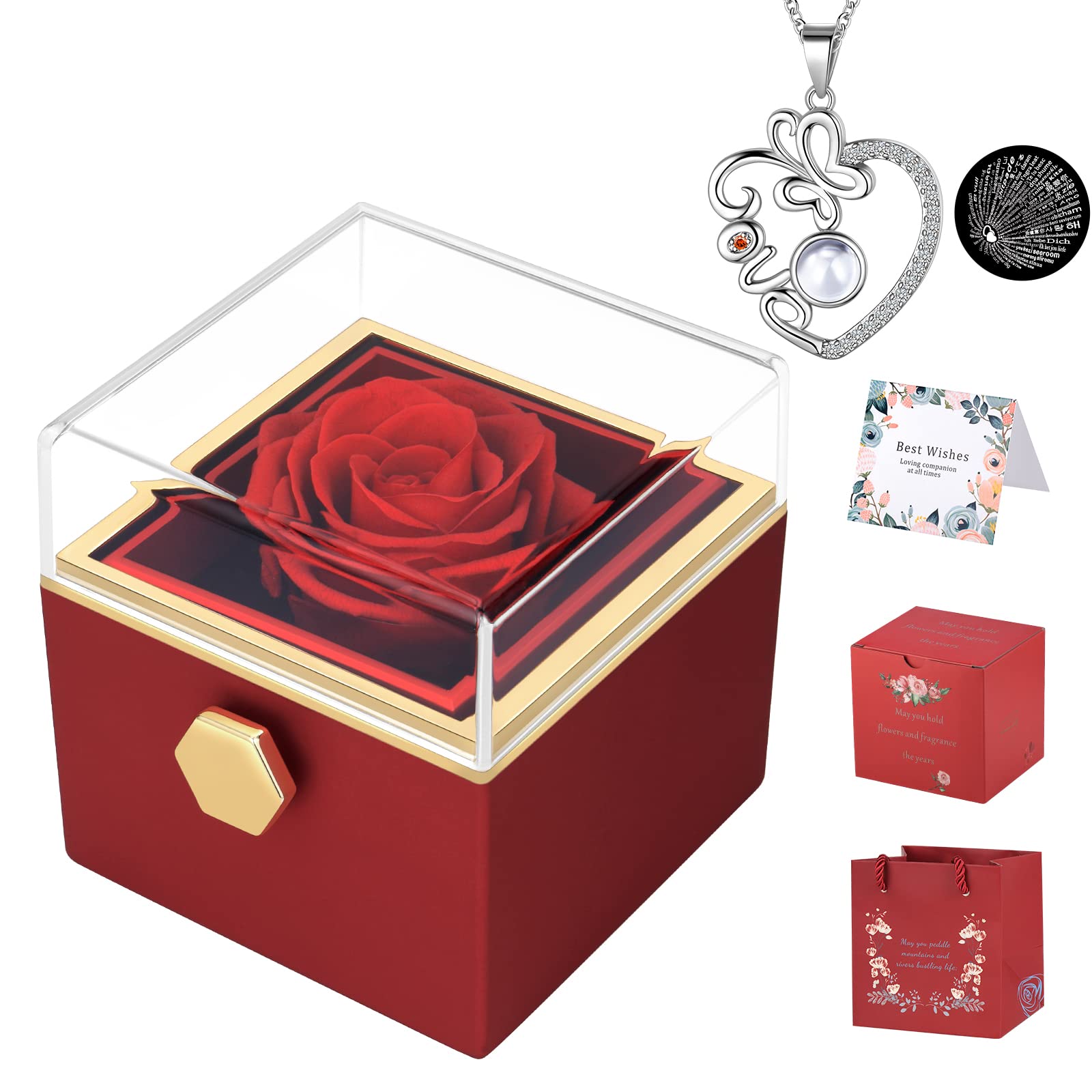 Real Preserved Rose with 'I Love You' Necklace in 100 Languages - Eternal Flower Gift for Anniversary, Valentine's Day, Birthday (Red) - Perfect Romantic Present for Wife, Girlfriend, Mom, or Special Someone