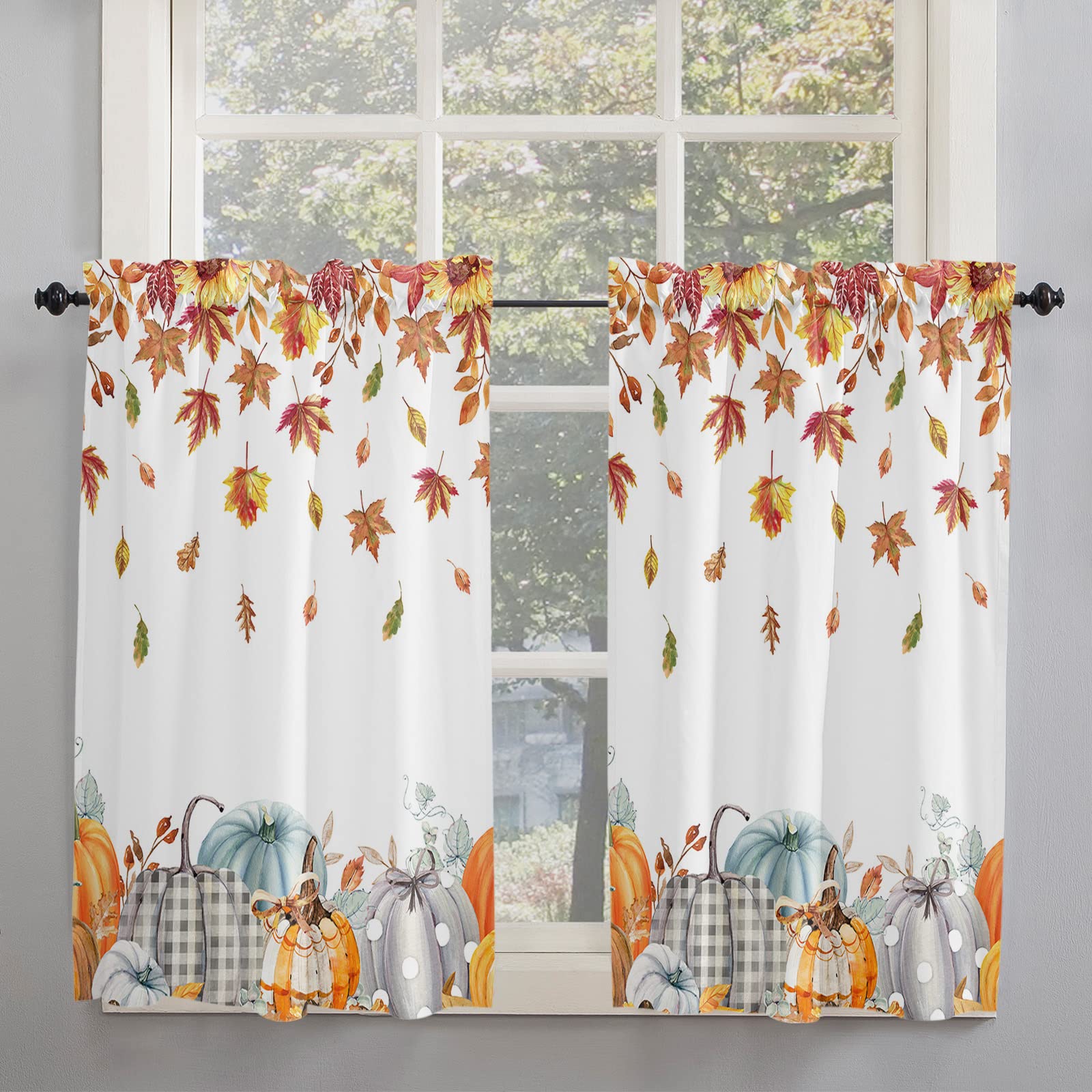 Thanksgiving Fall Kitchen Curtains 45 Inch - Orange Pumpkin Maple Leaf Sunflower Short Cafe Tier Curtain Panels with Rod Pocket, Set of 2 - Perfect for Autumn Window Decor & Seasonal Home Dining Room Decorations