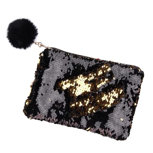 Reversible Glitter Party Clutch for Women | Portable Makeup Organizer Bag with Pom Pom Zipper | Assorted Colors for Night Out, Travel & Special Occasions