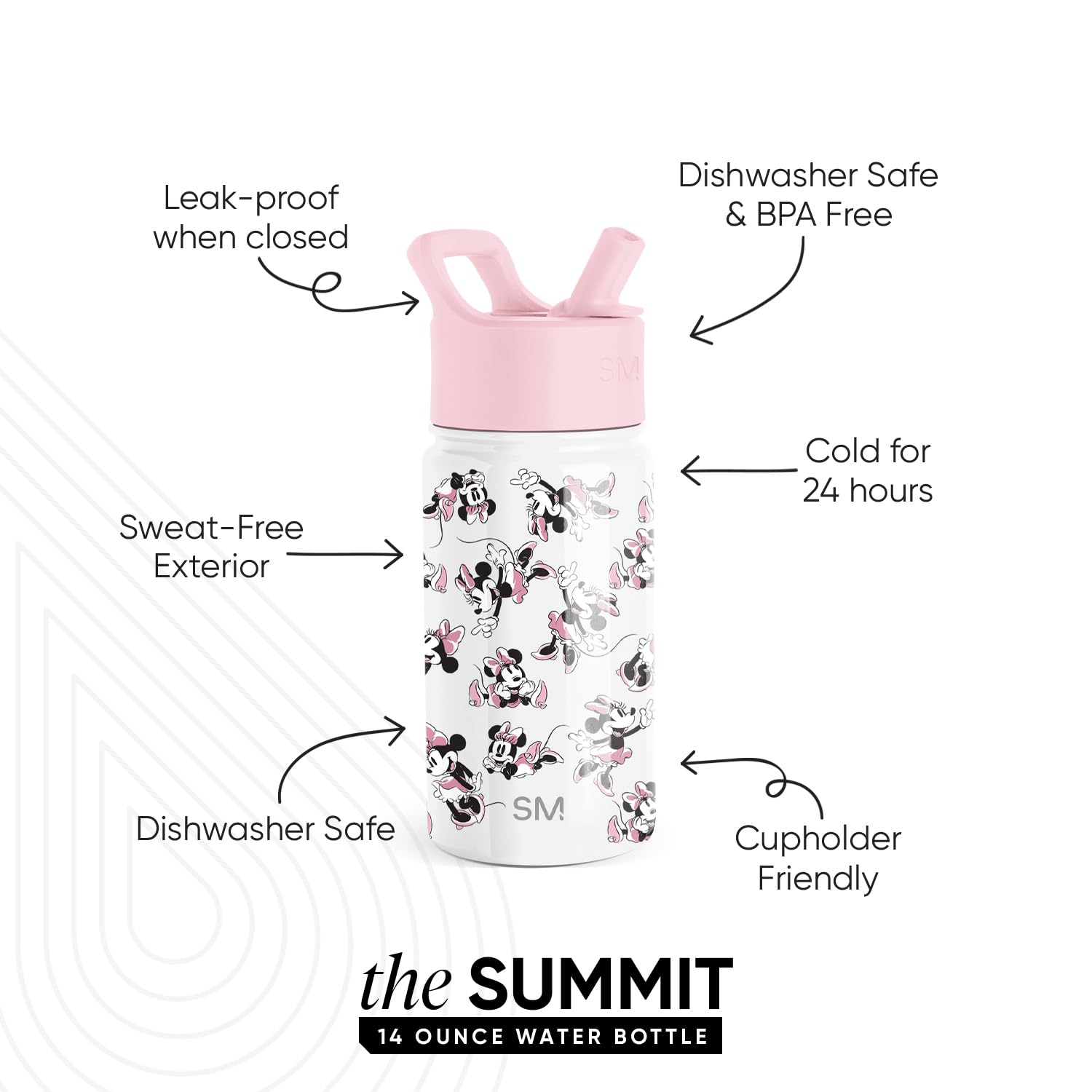 Simple Modern Disney Minnie Mouse Kids Water Bottle with Straw Lid - Insulated Stainless Steel Tumbler for Girls, School, Travel & Sports | Summit Collection | 14oz, Minnie Mouse Retro Design | BPA Free Reusable Drinkware for Children