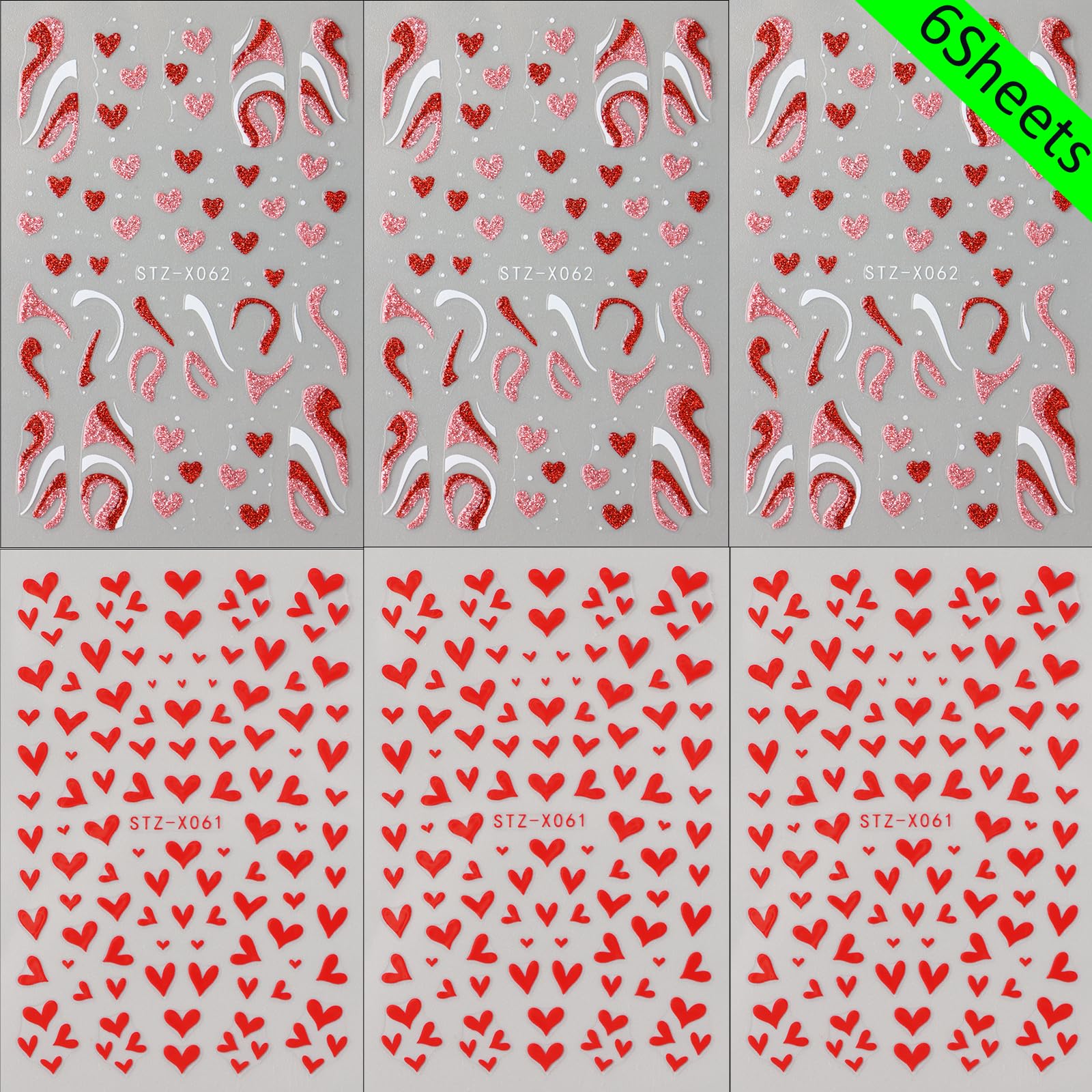 Valentine's Red Heart Nail Stickers - 6 Sheets 3D Nail Art for Women & Girls