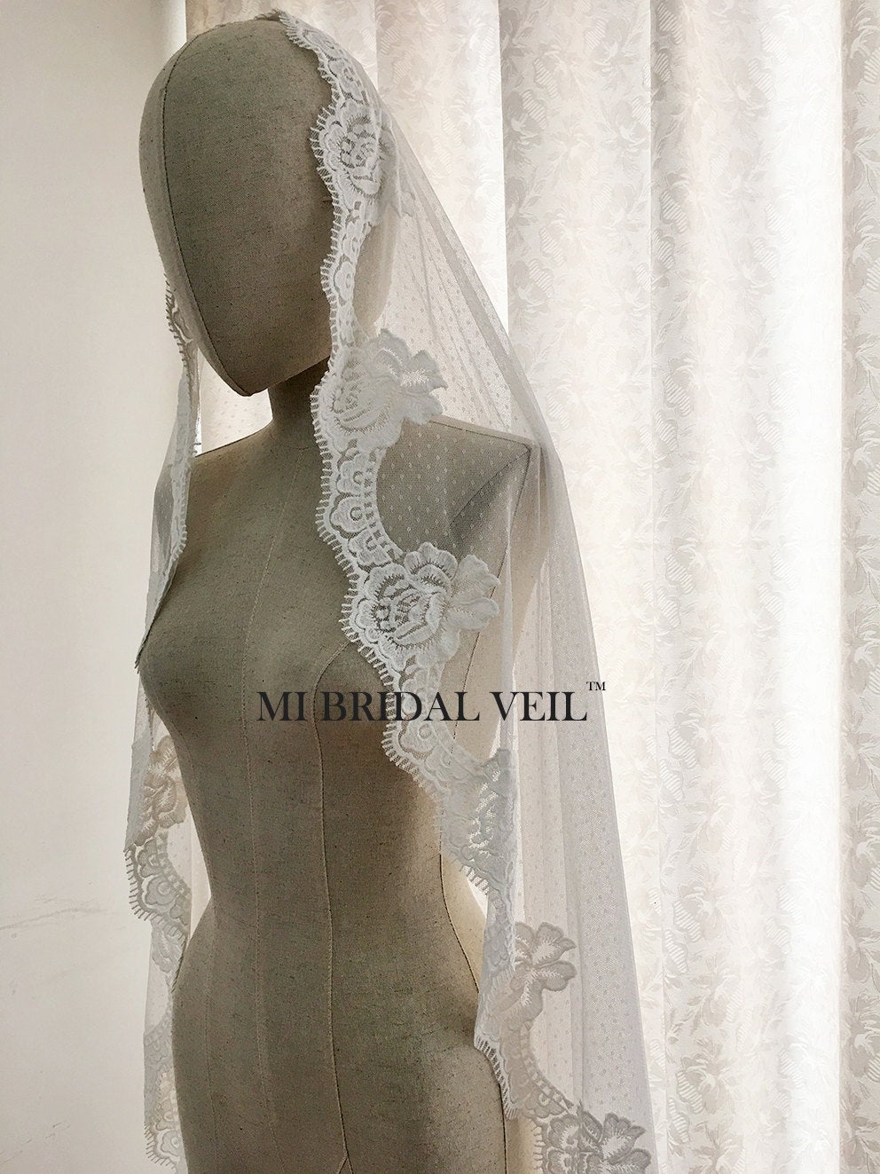 Polka Dot Mantilla Lace Wedding Veil - Vintage Inspired Rose Lace Waltz Bridal Veil by Mi Bridal | Perfect for Boho, Vintage & Romantic Weddings
