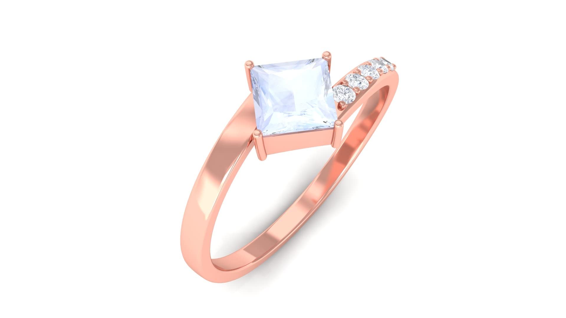 Moonstone Ring for Women - 14K Solid Gold Solitaire Princess Cut Moonstone Ring with Diamond Accents - Elegant Bypass Design for Engagement, Wedding & Everyday Wear