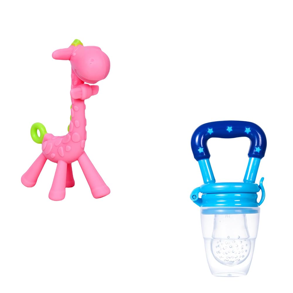**Kritiu Giraffe Shape Teether & Star Nibbler Combo – BPA-Free Silicone Baby Teething Toy for 0-12 Months | Safe & Fun Teething Relief for Infants | Perfect for Home, Travel & Daycare (Pink & Blue)**