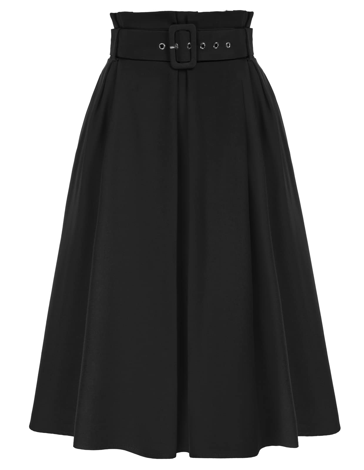 Belle Poque Women's Vintage Stretch High Waist A-Line Flared Midi Skirt with Pockets & Belt - Retro Style Skirt for Casual, Office & Party Wear