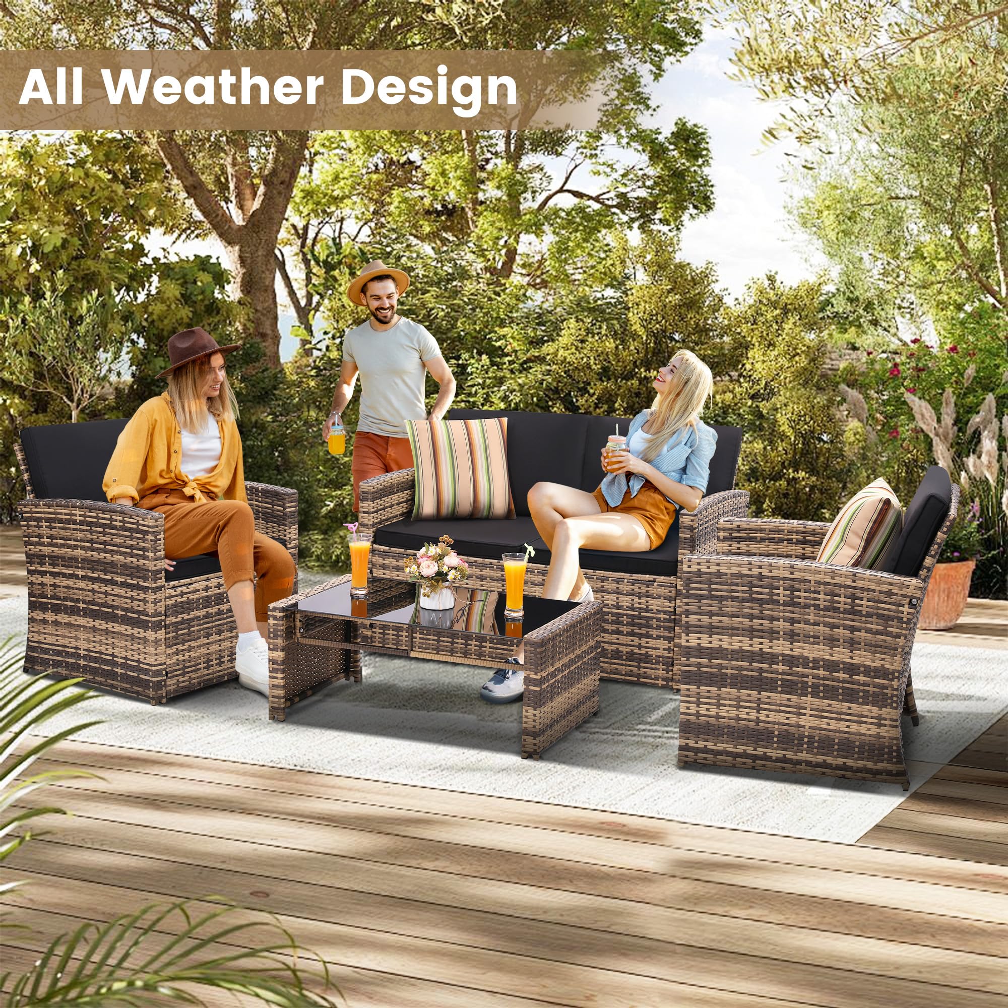4-Piece Outdoor Patio Conversation Set - Wicker Sectional Sofa with 2 Chairs & Coffee Table - Natural Rattan Furniture with Black Washable Cushions - Perfect for Porch, Deck, Garden & Backyard Relaxation