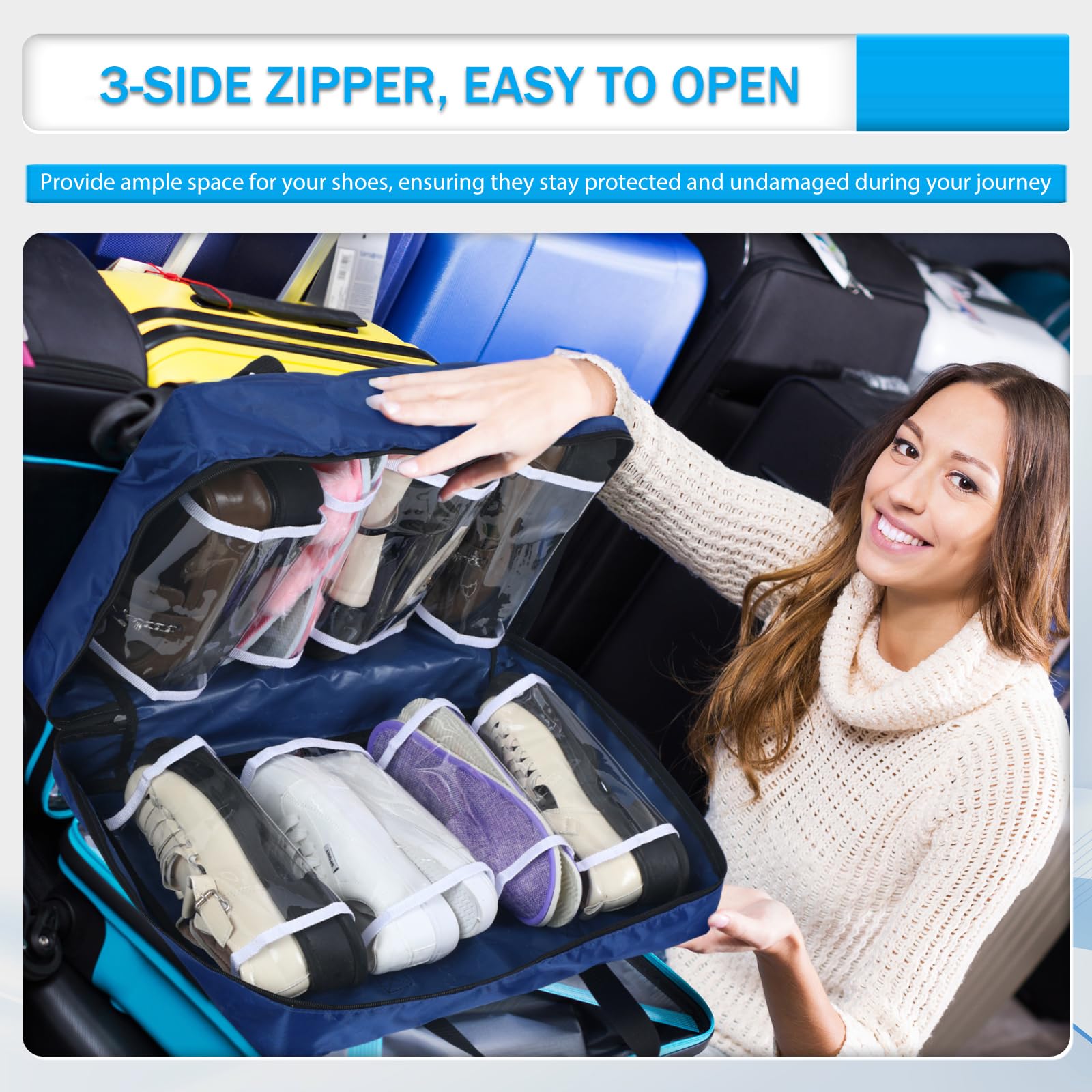 2 Pack Travel Shoe Bags with Handles - Waterproof Portable Shoe Organizer for Luggage, Gym & Storage - Fits Multiple Shoes (Black & Blue) - Perfect for Air Travel, Vacation & Sports Equipment Organization