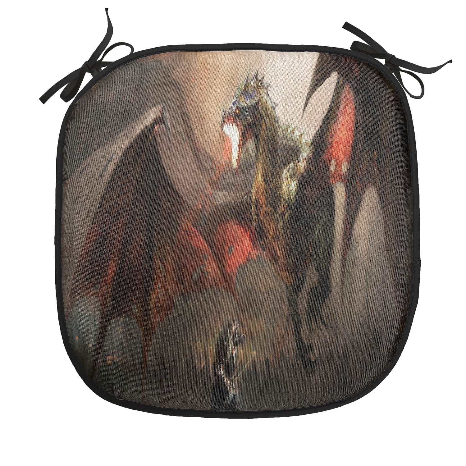 Lunarable Dragon Chair Cushion Set of 12 - Medieval Knight vs Dragon Fantasy Themed Anti-Slip Seat Pads 16x16 Inches, Orange & Brown - Perfect for Kitchen, Dining Room & Patio Furniture Decor