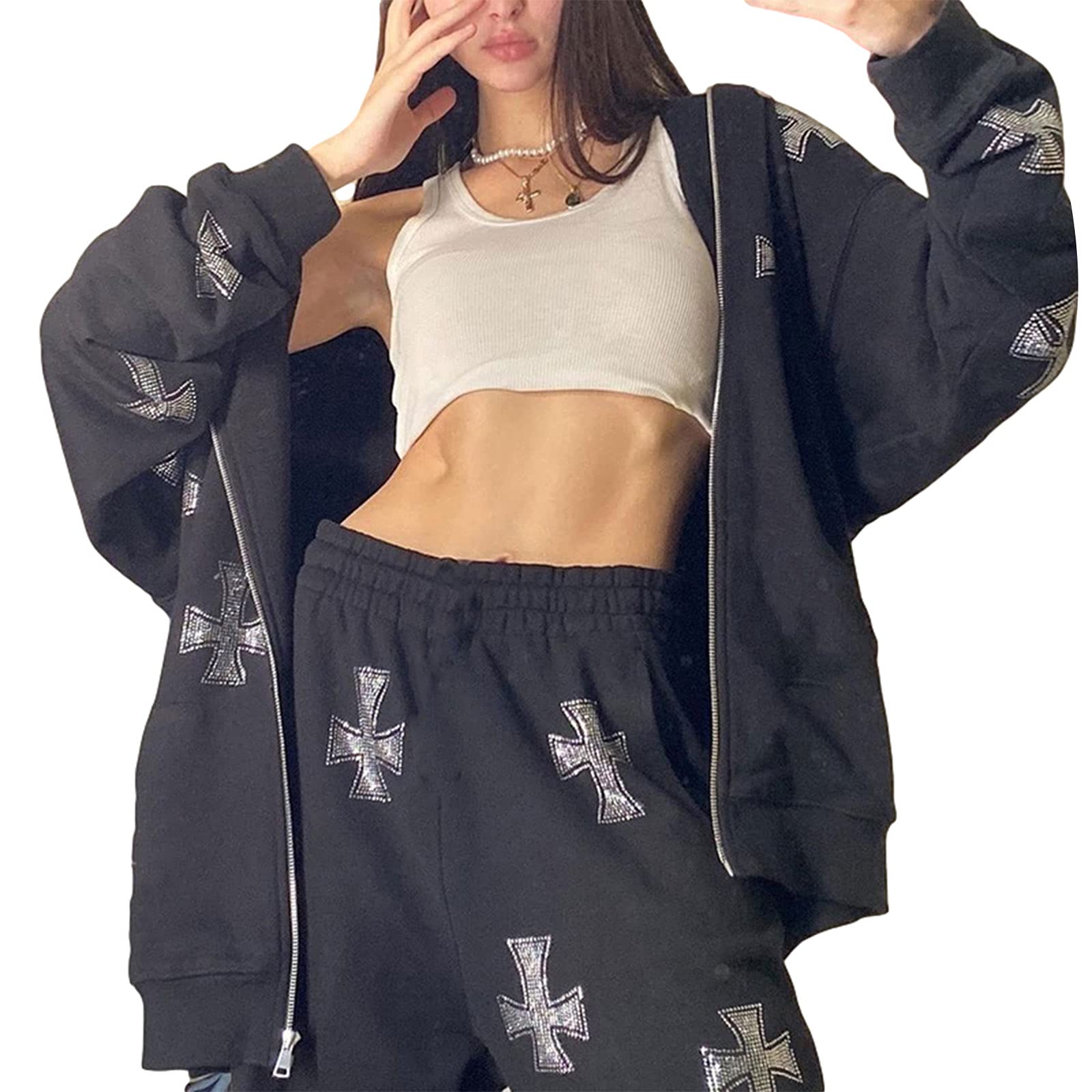 Y2K Aesthetic Women's Halloween Skeleton Print Oversized Zip-Up Hoodie - Harajuku Streetwear Jacket for E-Girl Fashion | Perfect for Halloween Costumes, Party Outfits & Casual Street Style