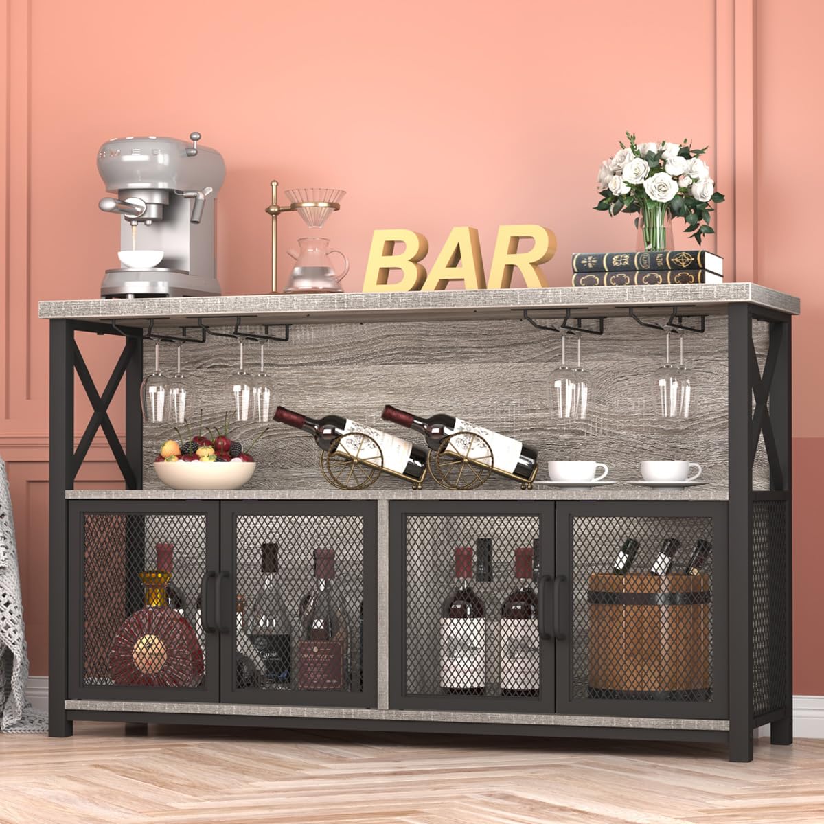 LVB Industrial Farmhouse Coffee Bar Cabinet with Wine Rack Storage - Modern Sideboard Buffet for Liquor, Glasses & Kitchen Essentials - Light Grey Oak 47 Inch for Dining Room, Living Room & Home Bar Decor