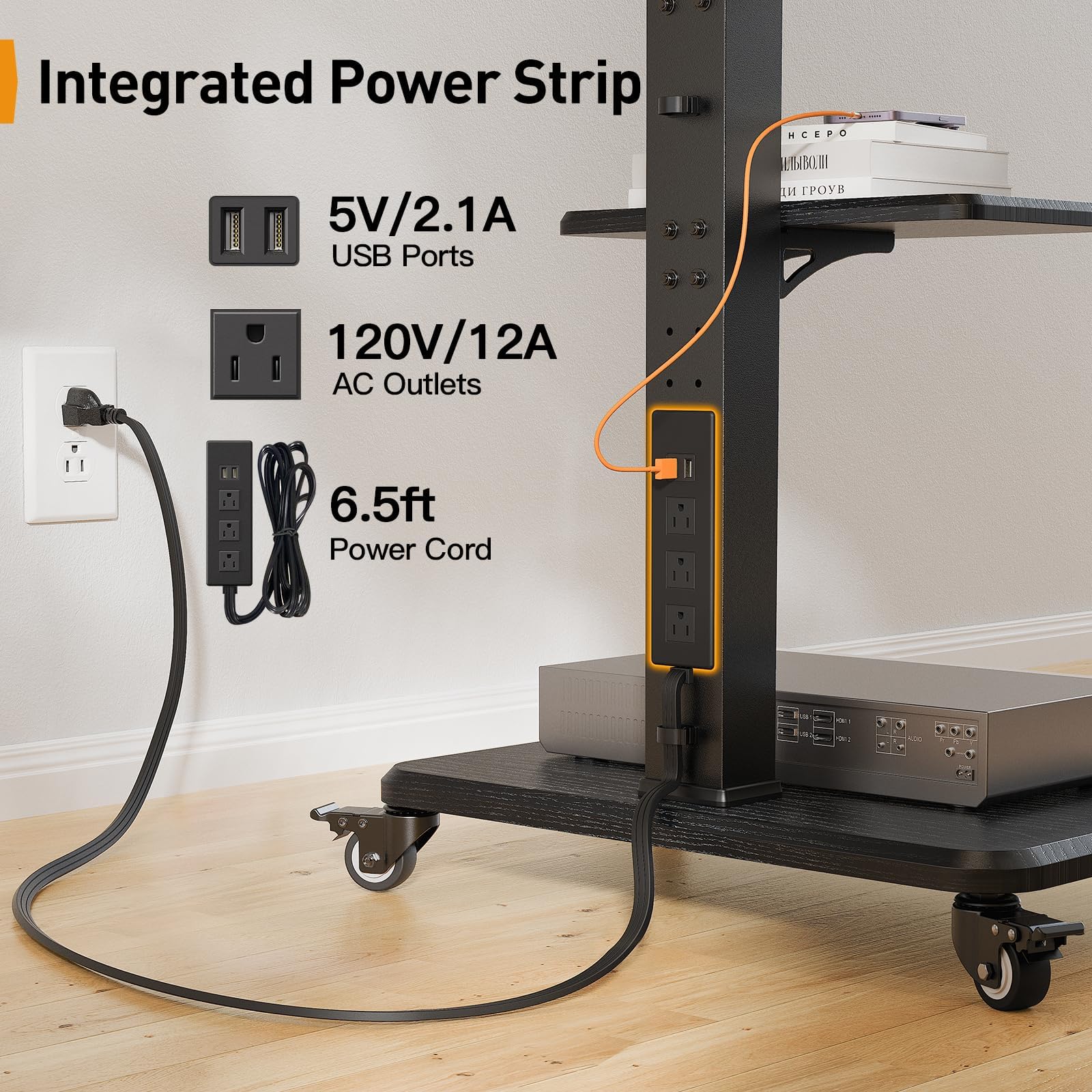 Perlegear Mobile TV Stand with Power Outlet - Adjustable Height Rolling TV Cart for 32-75 inch TVs up to 110 lbs - Tilt & Swivel TV Stand with Wheels & Max VESA 600x400mm - Perfect for Living Room, Bedroom, or Office (Model PGTVMC17)