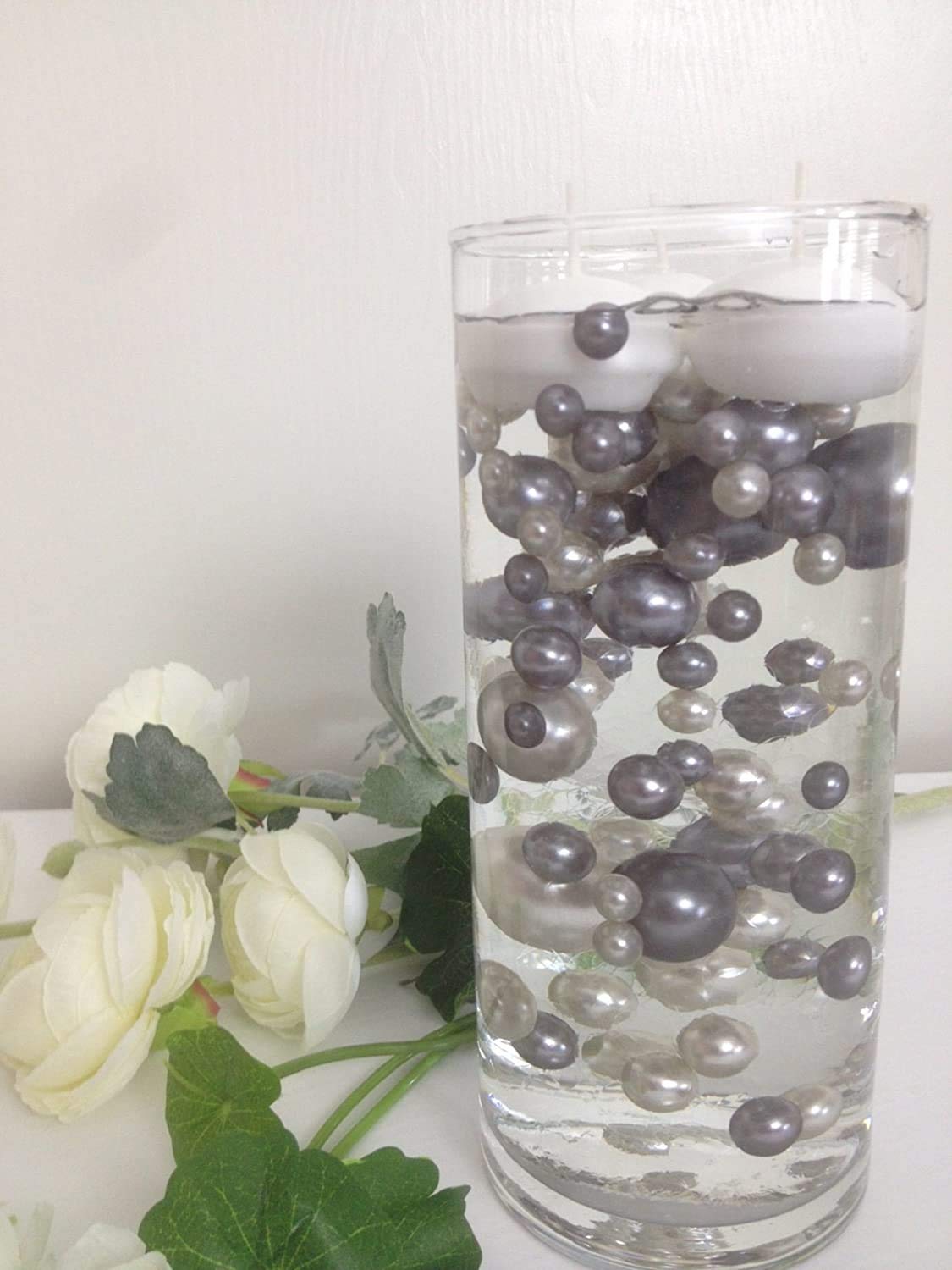 80PCS Gray and Silver Pearls Vase Filler - Jumbo & Mixed Size No Hole Pearls for DIY Floating Centerpieces, Wedding Decor, Table Scatter, Bathroom Decor, and Home Decoration