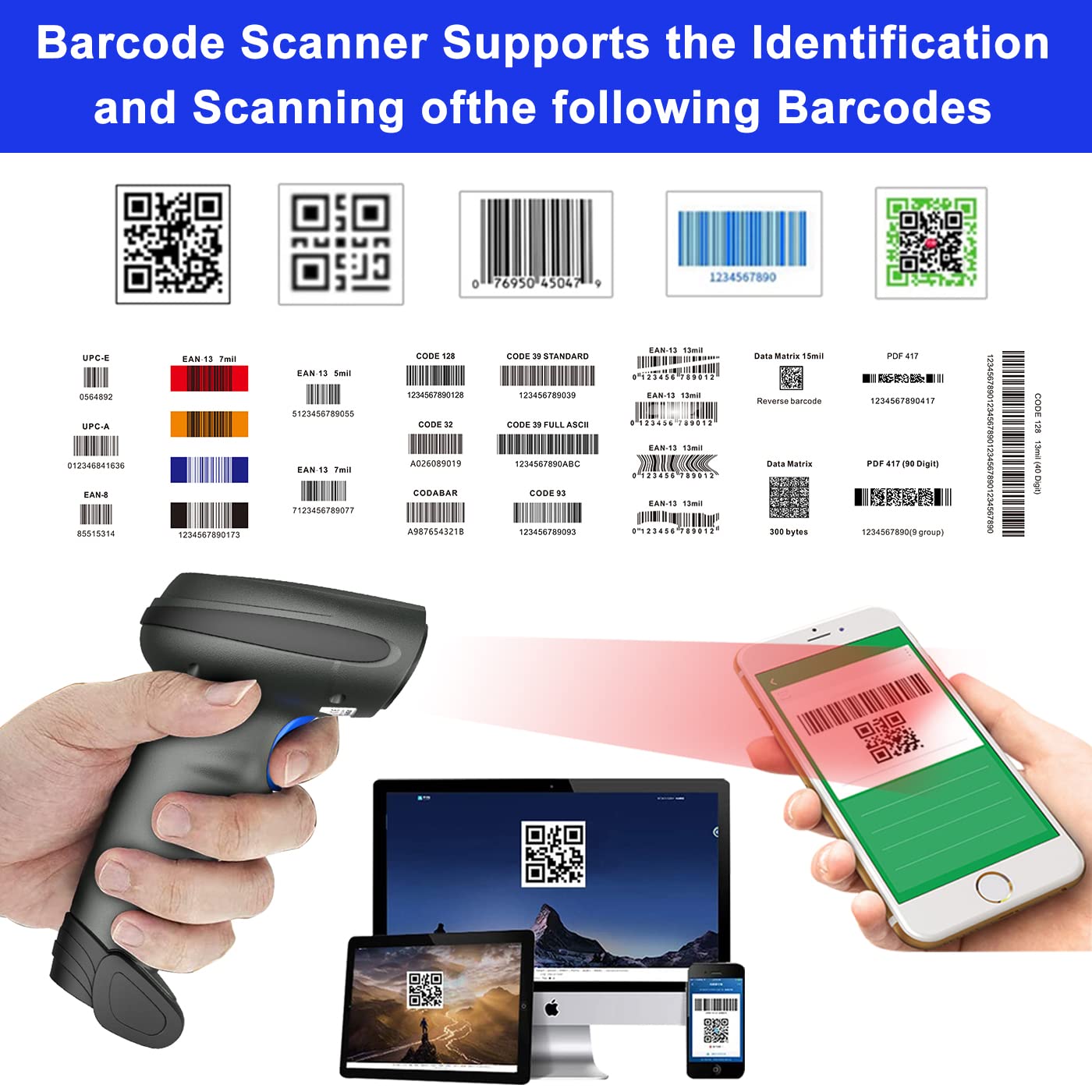 Wireless 2D Bluetooth Barcode Scanner - CW300 Handheld QR Code & 1D Barcode Reader for Retail Stores, Supermarkets & Warehouses | Ideal for Inventory Management, POS Systems & Mobile Scanning