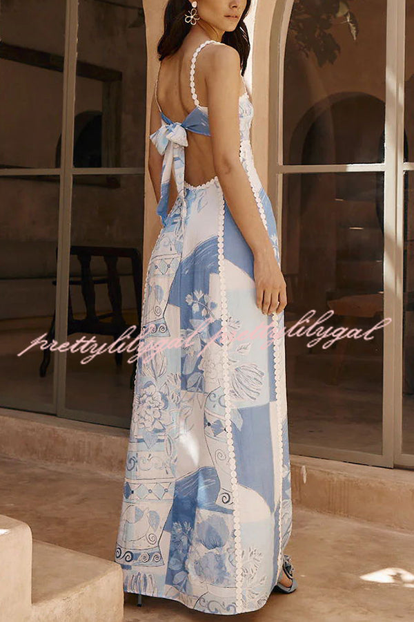 Terrazza Ric Rac Trims Unique Print Back Tie-Up Slip Flared Maxi Dress for Women | Summer Beach Wedding Party Outfit
