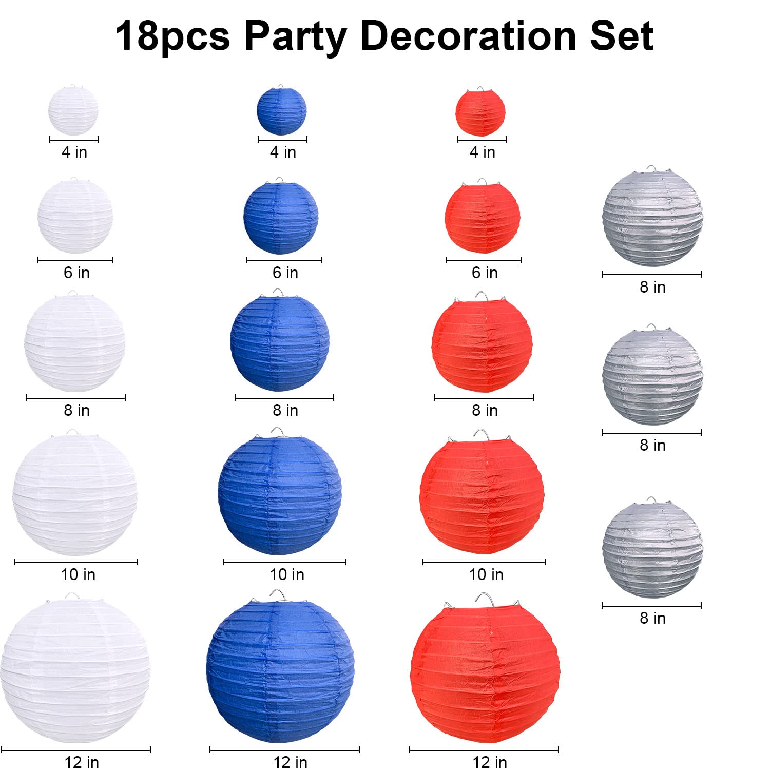 18 Pcs Red White Blue Silver Paper Lantern Set - Hanging Party Decorations for 4th of July, Independence Day, Veterans Day, Birthday, Wedding & Graduation - Perfect for Indoor/Outdoor Patriotic Celebrations & Festive Events