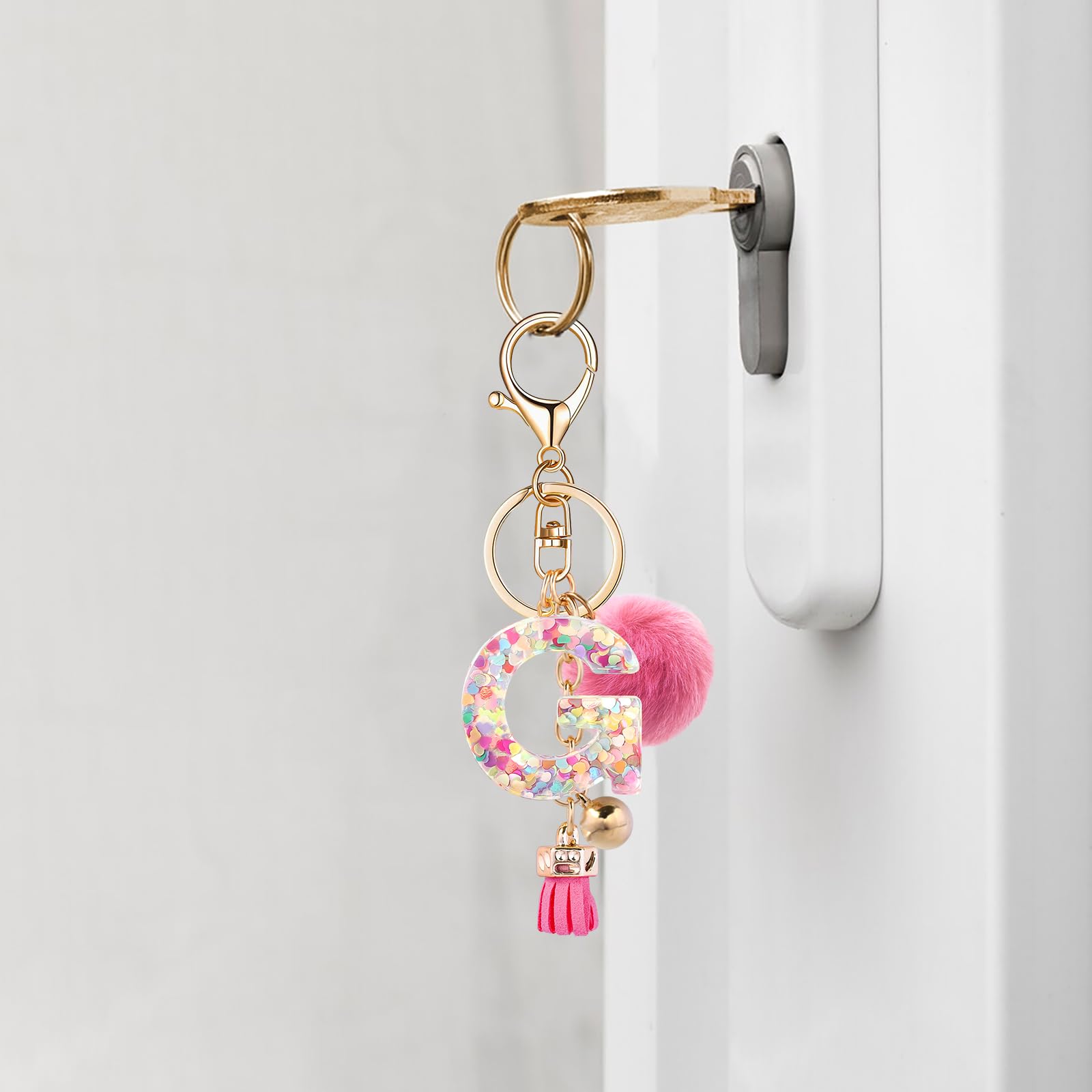 Personalized Resin Alphabet Initial Letter Keychain for Women - Custom Name Keyring with Soft Fur Ball Pom Pom - Perfect for Handbags, Purses, Backpacks & Gift Giving