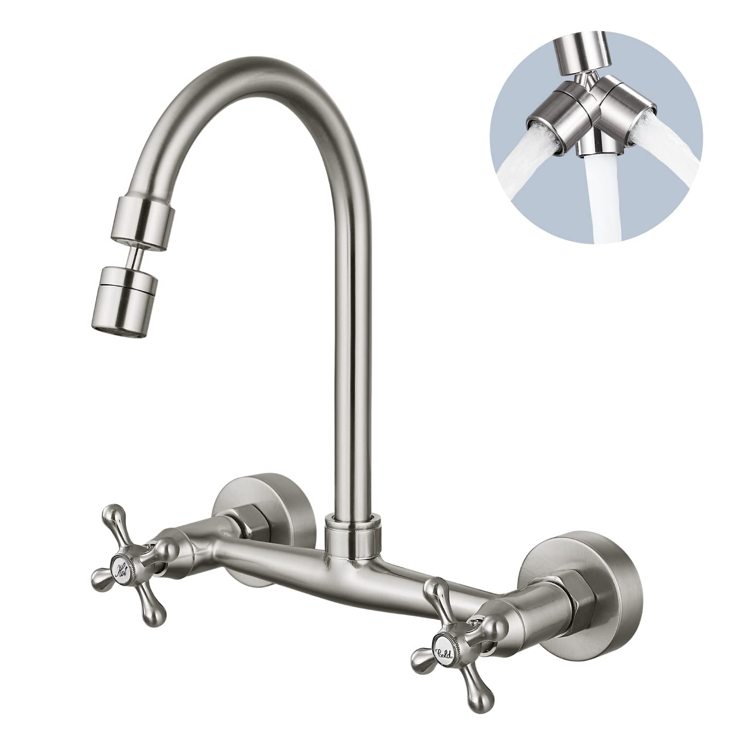 Airuida Brushed Nickel 8-Inch Wall Mount Kitchen Faucet with Sprayer, Stainless Steel Commercial Faucet Connector Set for Restaurant and Home Use