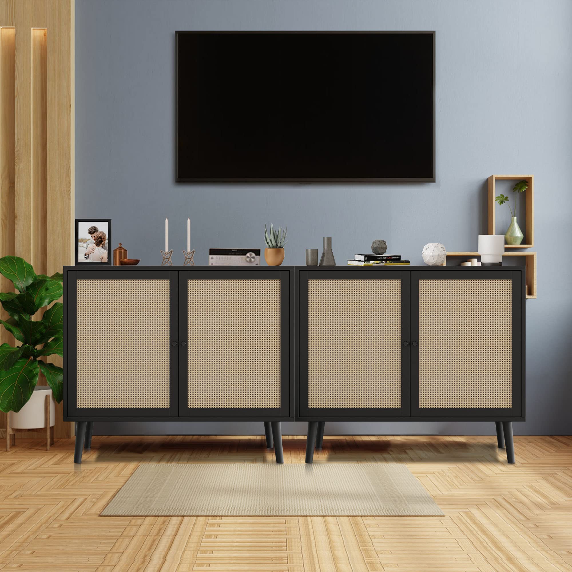 Modern Sideboard Buffet Cabinet with Rattan Doors - 4-Door Kitchen Storage Cabinet with Adjustable Shelves for Dining Room, Living Room & Hallway (Black, 2-Piece Set) - Perfect for Home Organization & Stylish Decor