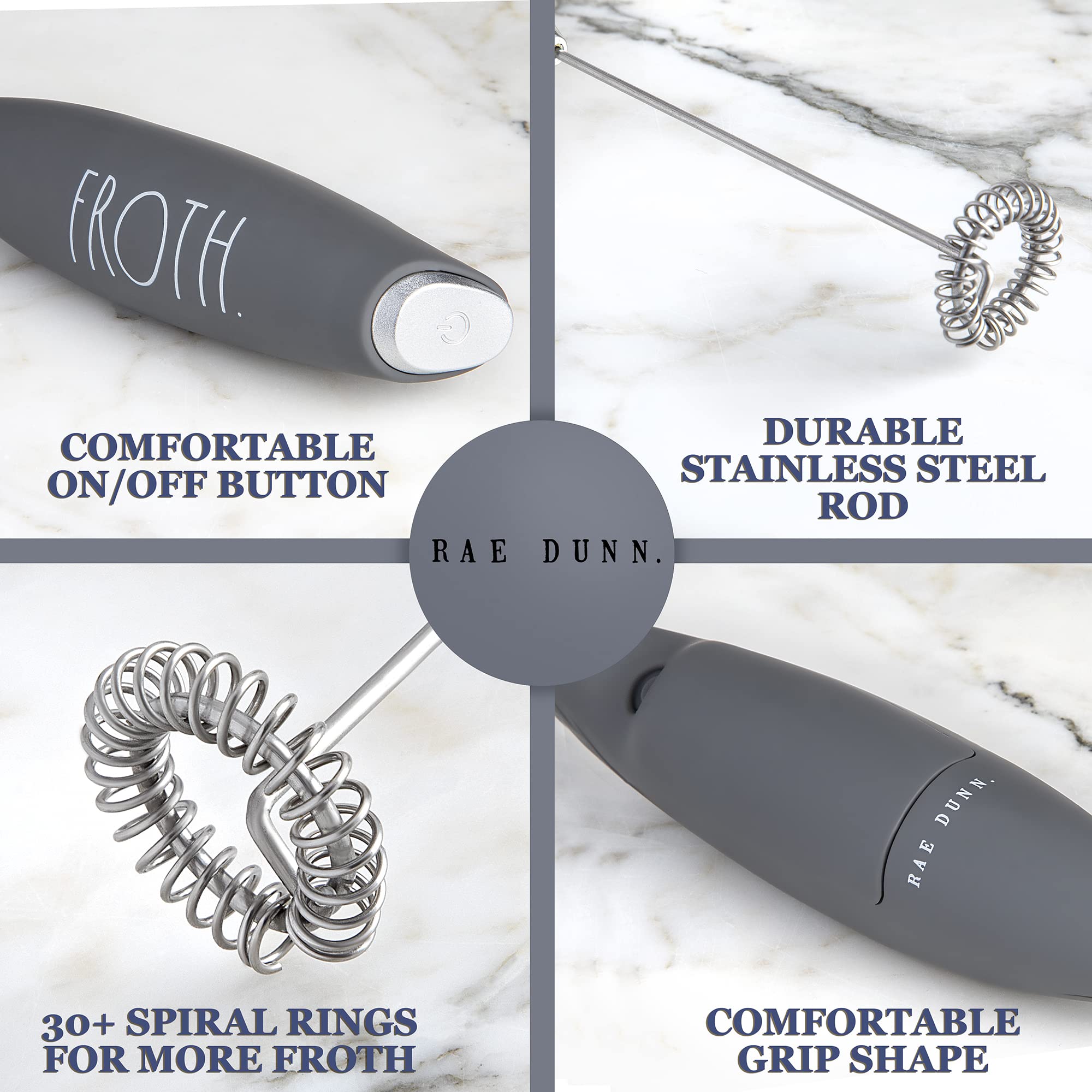 Rae Dunn Electric Milk Frother - Handheld Drink Mixer for Coffee, Latte, Cappuccino & Hot Chocolate | Battery Operated Milk Foamer & Frappe Maker | Perfect for Home, Office & Cafe Use (Grey)