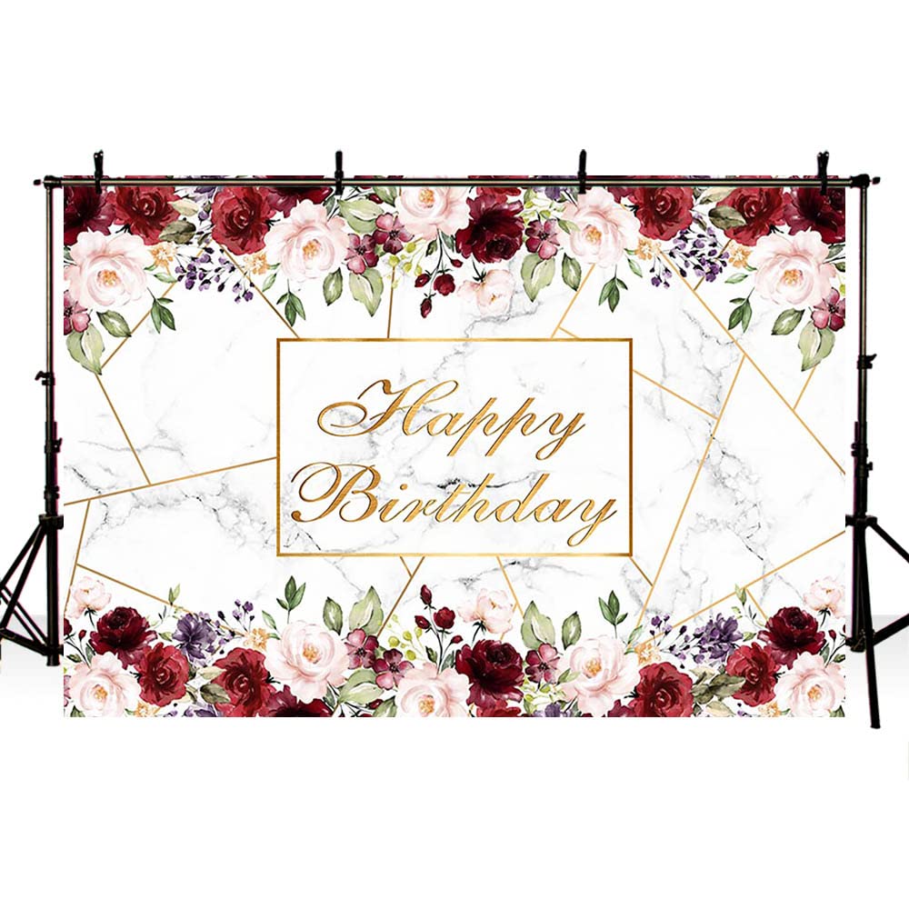 Happy Birthday Backdrop - Burgundy Pink Rose Floral Marble Photography Background Banner for Girls & Women (10x7ft Vinyl) | Birthday Party Decorations, Photo Booth Studio Props, Baby Shower & Wedding Decor