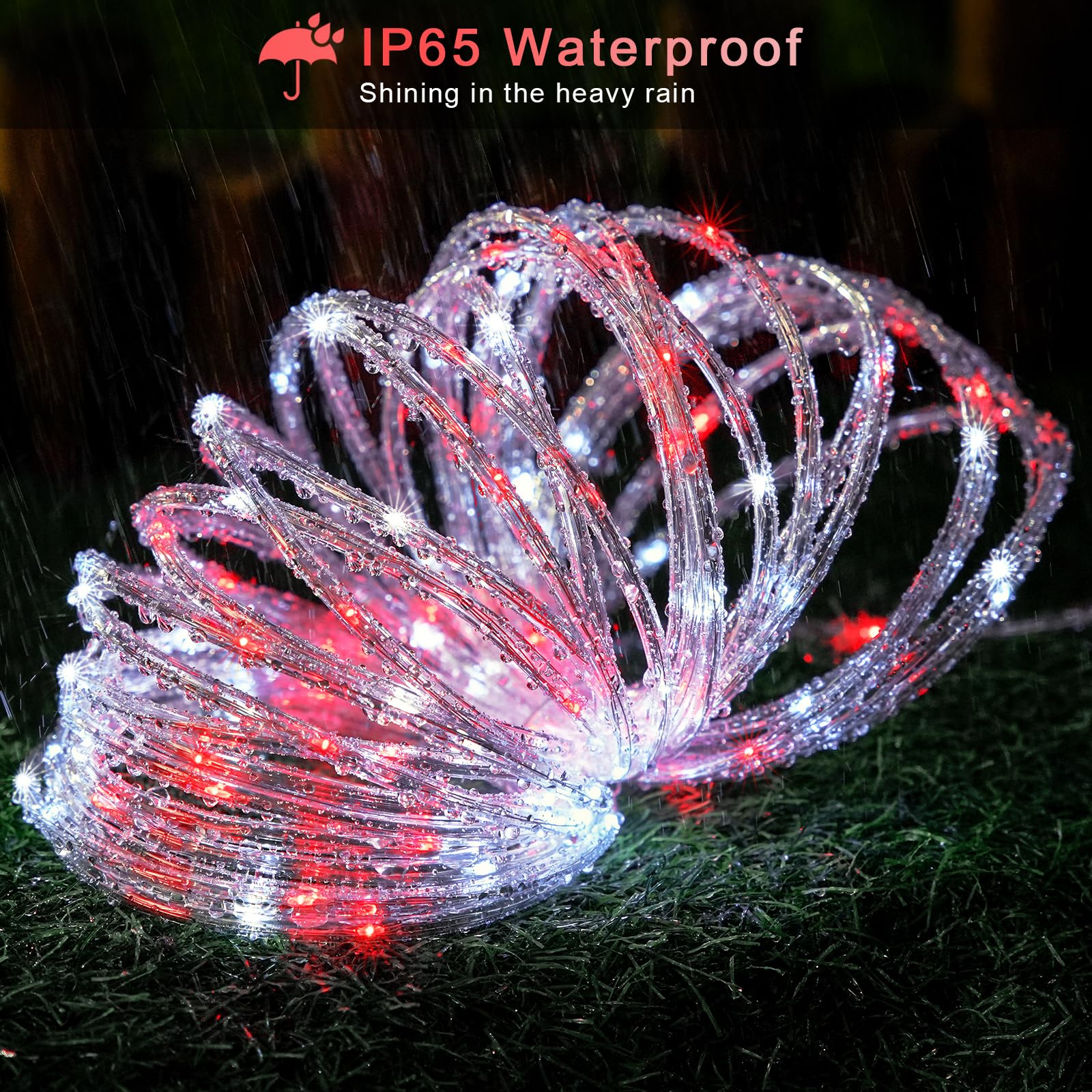 JMEXSUSS 200 LED Solar Christmas Rope Lights - 72ft Outdoor Waterproof String Lights with 8 Lighting Modes (Red & White) - Perfect for Fence, Yard, Walkway, Garden, Patio & Holiday Decorations