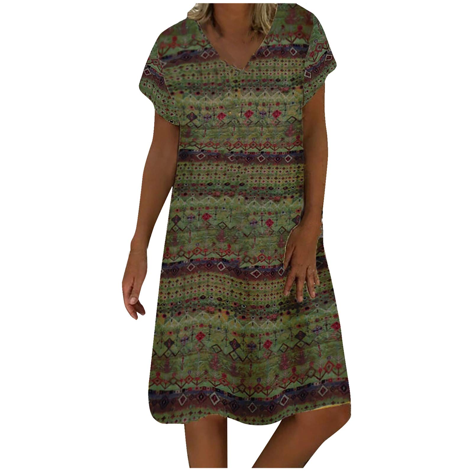 Women's Loose Print Short-Sleeve V-Neck Pullover Dress - Bohemian Summer & Spring Floral Dress for Casual Wear, Beach Vacation, and Outdoor Activities
