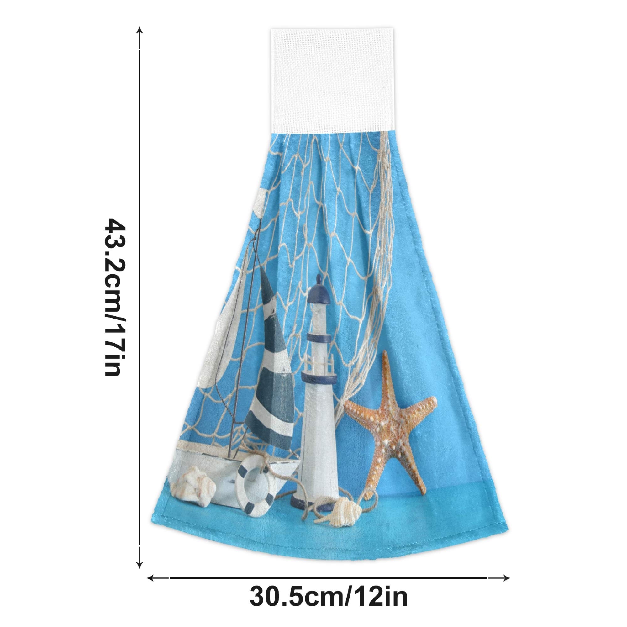 Nautical Theme Decorative Kitchen Hand Towels Set of 2 - Sailboat Lighthouse Starfish Seashells Fishnet Design on Blue Wooden Table - Absorbent Bath & Hand Towels with Hook & Loop for Hanging - Perfect for Coastal Decor, Beach House Kitchen, and Bathroom Accessories