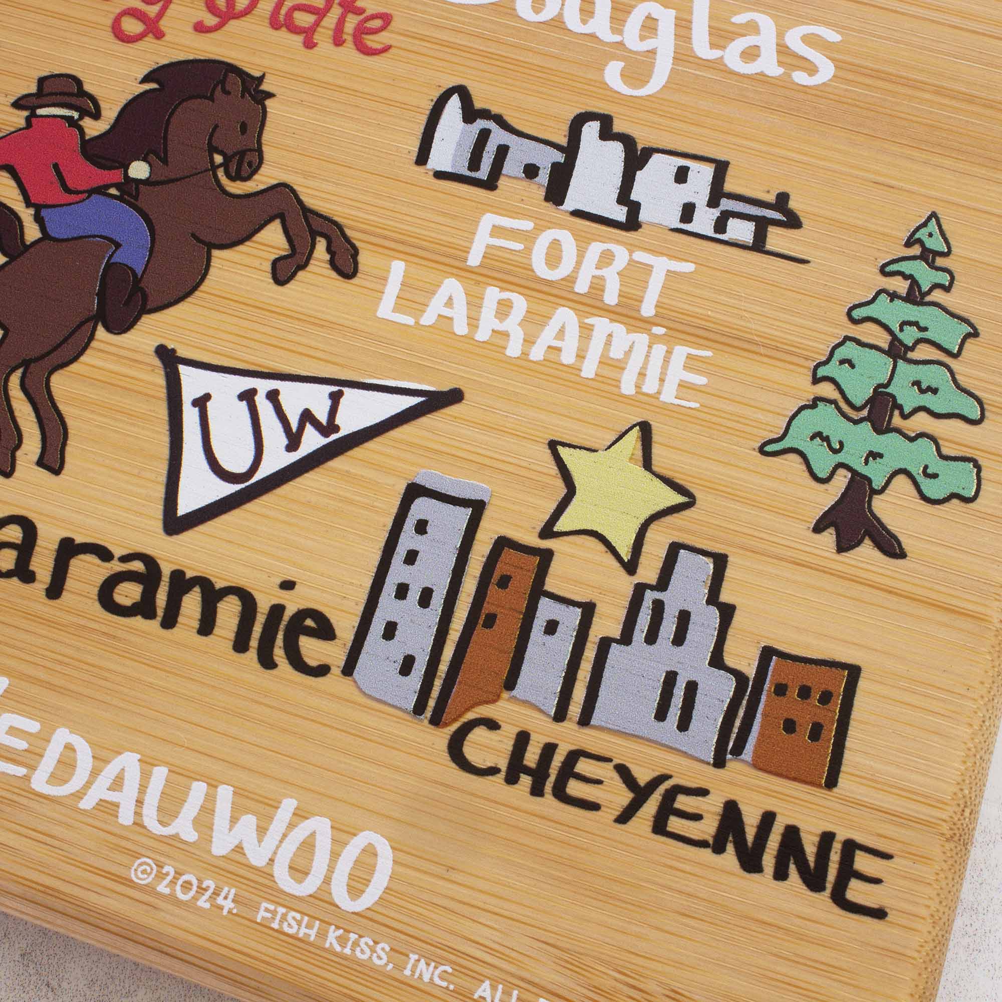 Premium Wyoming Wood Cutting Board with Fish Kiss™ Artwork - Durable Kitchen Essential for Chopping, Serving & Decor