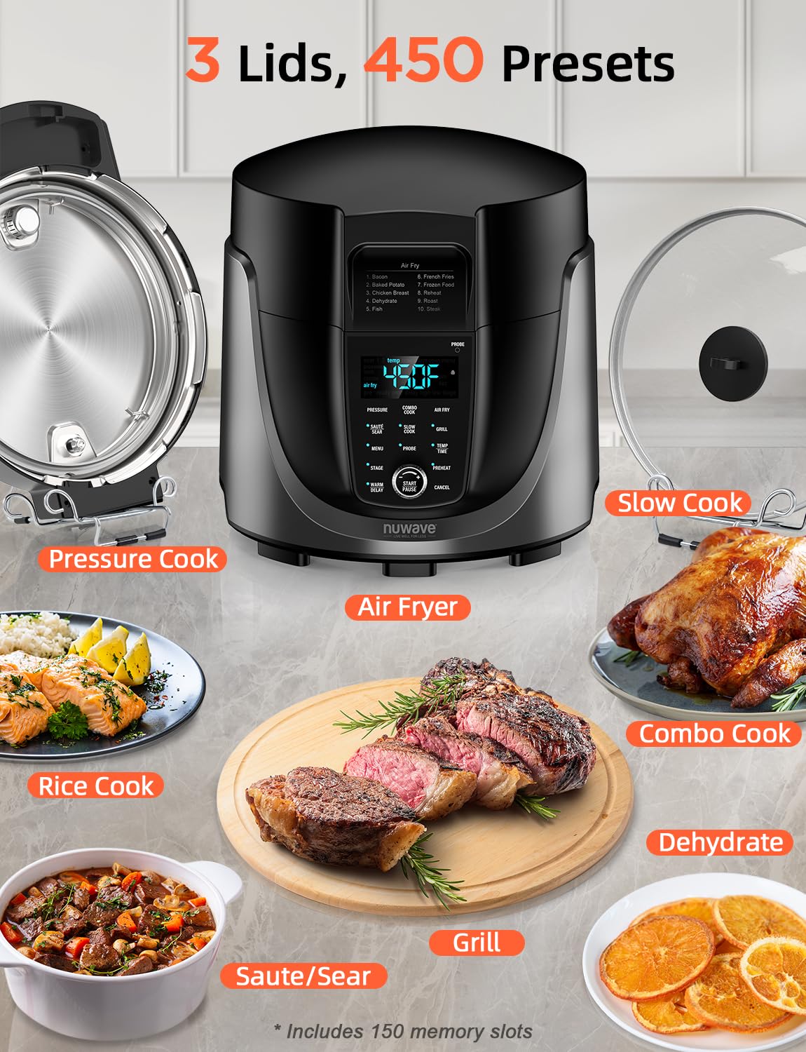 Nuwave Duet 6-Quart Electric Pressure Cooker and Air Fryer Combo - 450-in-1 Multi-Cooker with Slow Cooker, Grill & Digital Temperature Probe | Adjustable High/Low Pressure | Stainless Steel Pot | Built-in Sure-Lock Safety Technology | Perfect for Meal Prep, Family Dinners & Healthy Air Frying