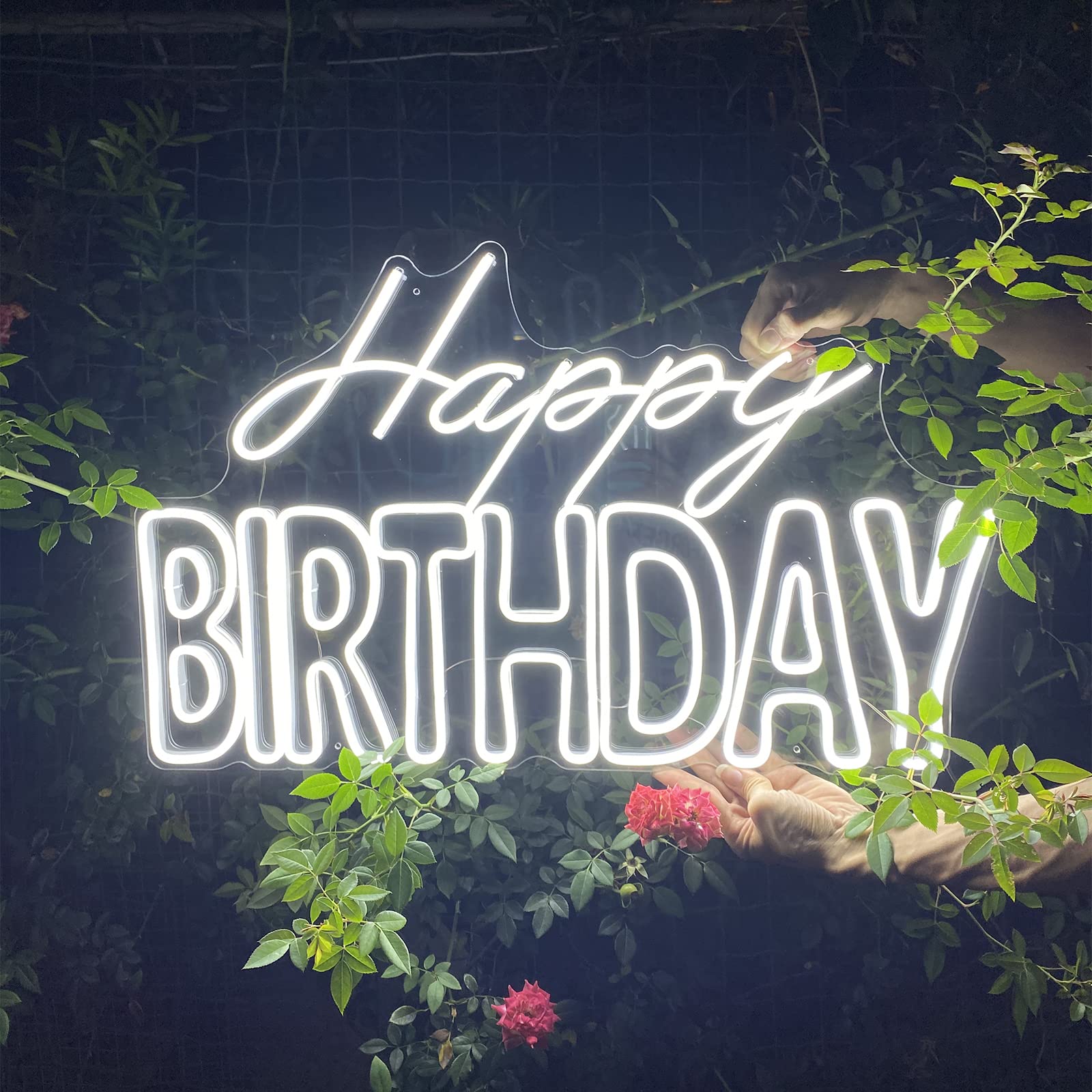 27.5 x 17 Inches Happy Birthday Neon Sign - Large Wall Decor with Dimmer Switch, 12V Reusable Party Lights for Birthday, Wedding, Anniversary & Home Decor - Perfect for Indoor & Outdoor Celebrations (27.56 x 17.32in, White)