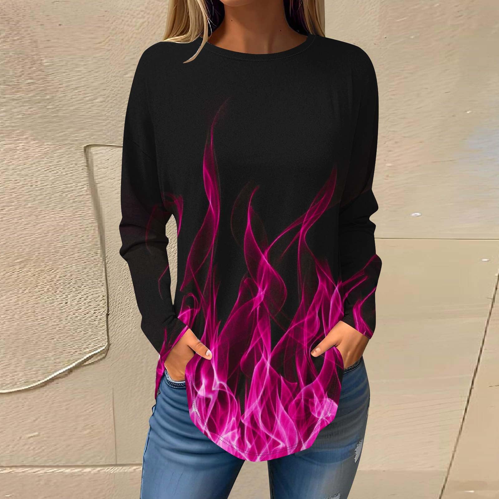 Women's Long Sleeve Crewneck Pullover Tops - Trendy Fire Print Graphic Tees, Casual Loose Blouse for Everyday Wear, Street Style & Fall Layering