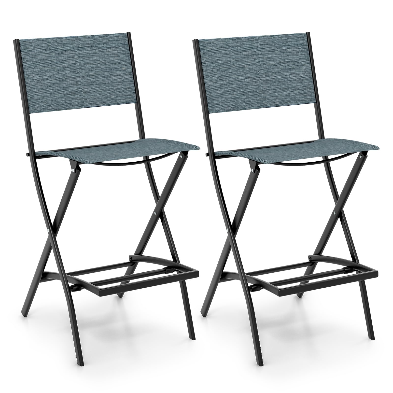 Giantex Set of 2 Folding Outdoor Bar Chairs - Counter Height Patio Stools with Backrest & Footrest, All-Weather Metal Frame for Porch, Deck, Garden - Light Blue | Perfect for Backyard BBQs, Poolside Lounging & Outdoor Entertaining