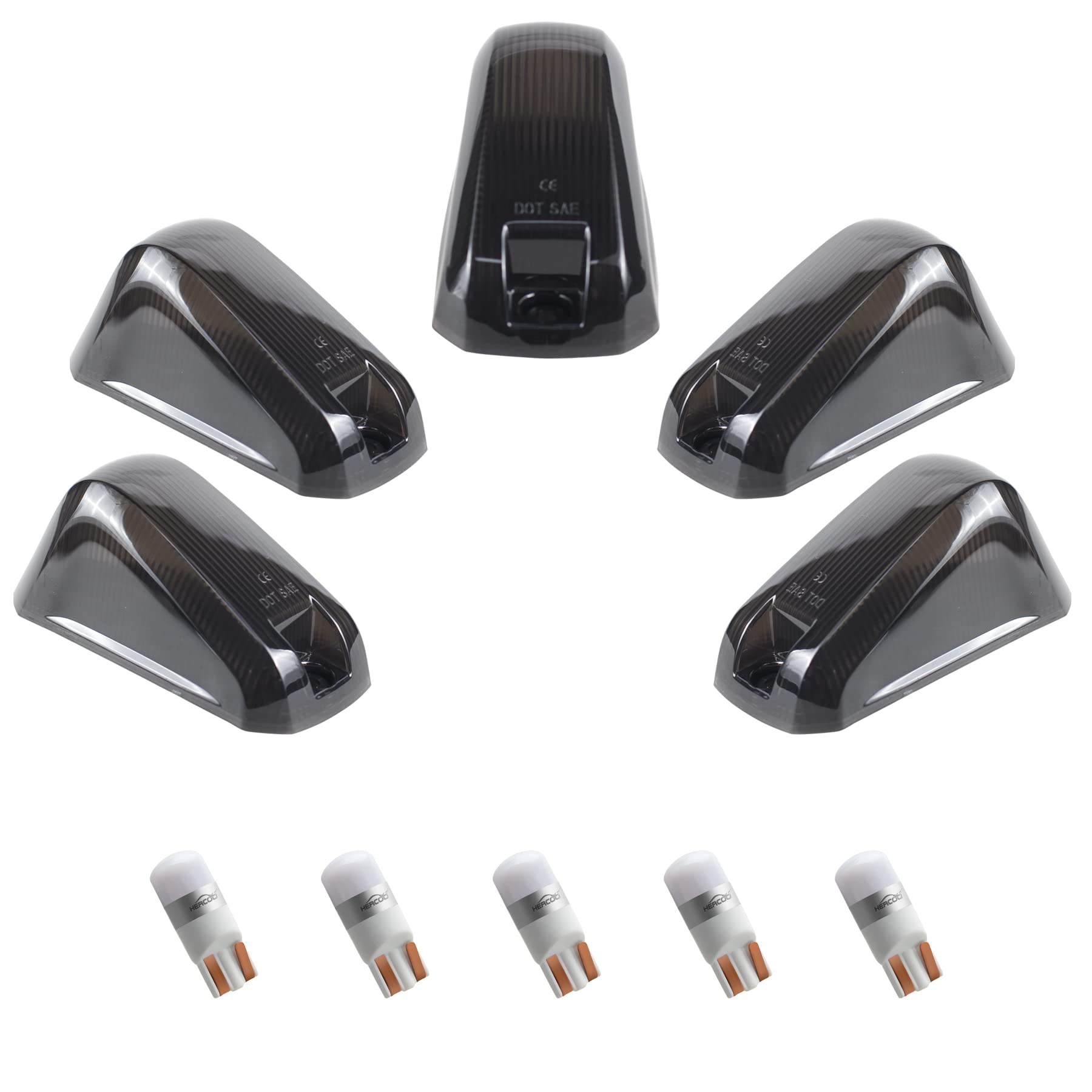 HERCOO 5PCS Clear Smoke Roof Cab Marker Lights Lens with White LED Bulbs - Replacement Running Lamps for Ram ProMaster 1500 2500 2015-2017 & Ram ProMaster 3500 2014-2022 - Enhanced Visibility for Night Driving & Truck Safety