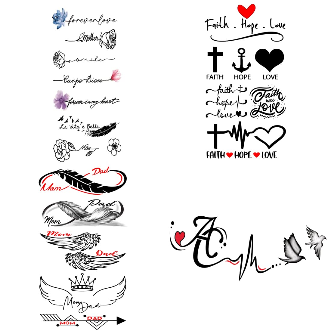 Faith Hope Mom Dad Infinity Temporary Tattoos - Pack of 4 Waterproof Body Art Stickers for Men & Women (2x4 Inch) - Perfect for Parties, Festivals & Family Events