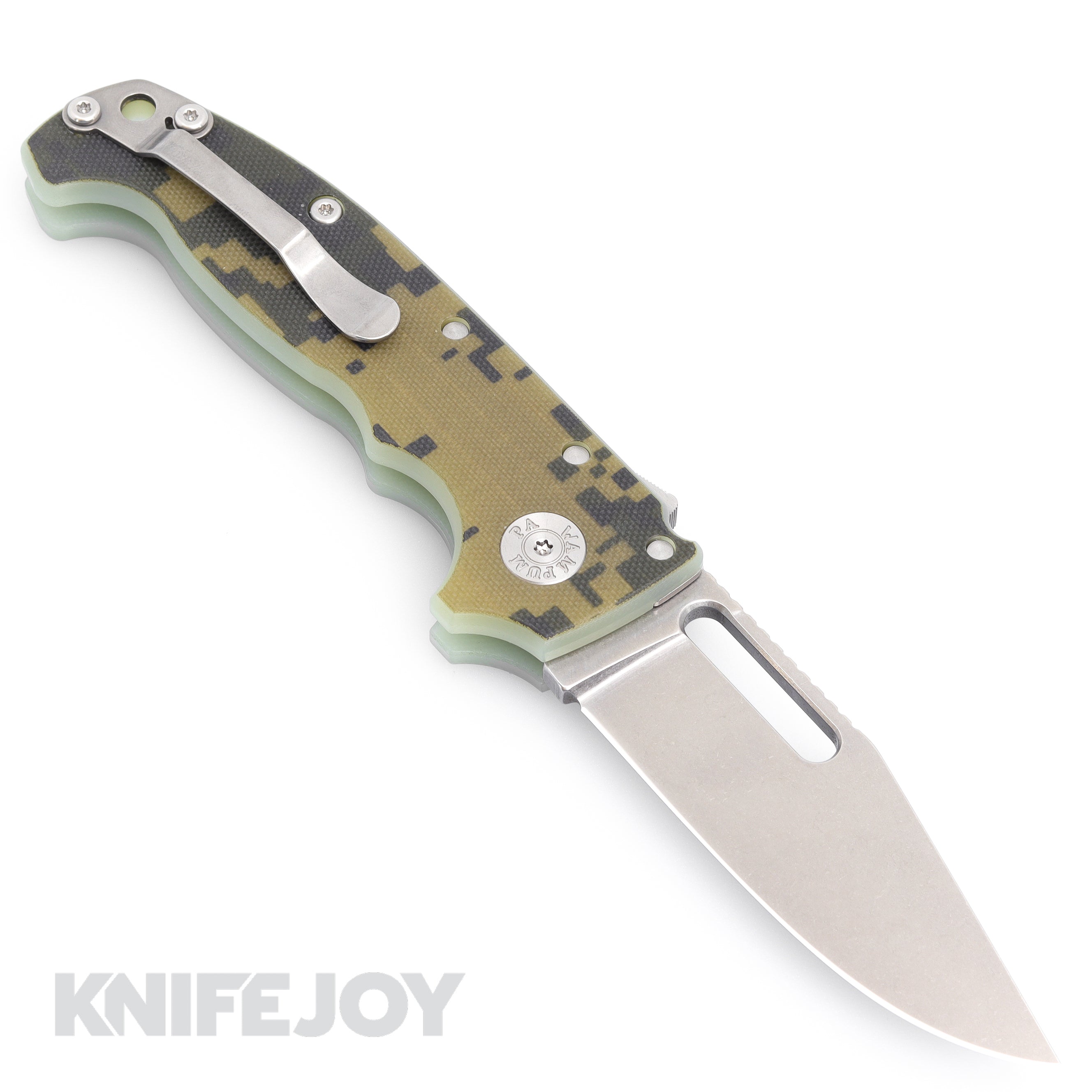 Demko Knives AD20 FFG Full Flat Grind 3V Steel Clip Point Blade with Camo #1 G10 Handles - Tactical Folding Knife for Outdoor Survival, Hunting & EDC