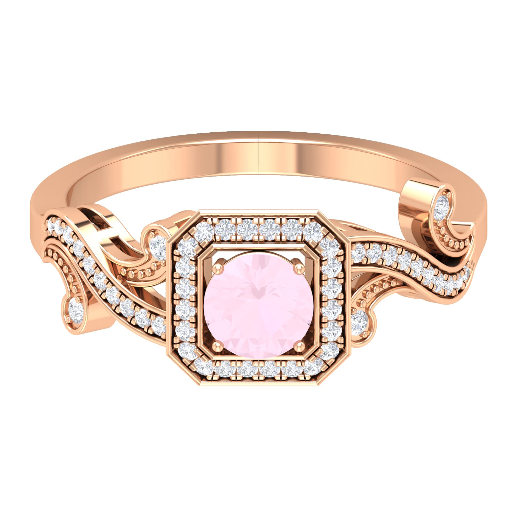 0.75 CT Rose Quartz Engagement Ring with Diamond Accent - 14K Solid Gold Vintage Round Cut Rose Quartz Ring for Women - Perfect for Proposals, Anniversaries & Romantic Gifts