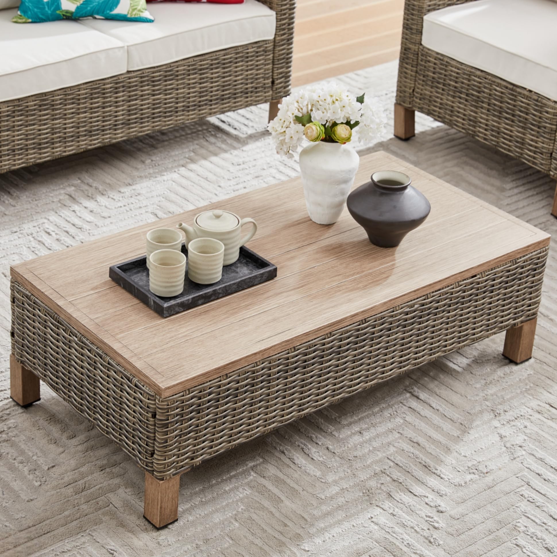 Outdoor PE Wicker Coffee Table with Metal Top - 43.3